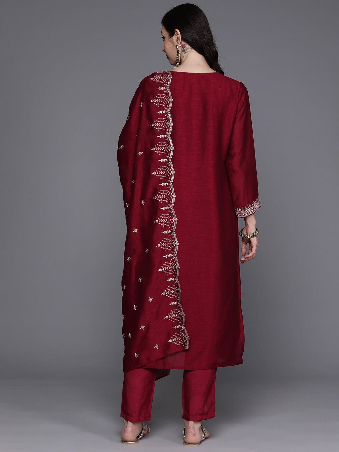 Women's Maroon Silk Blend Kurta Set - Taantav