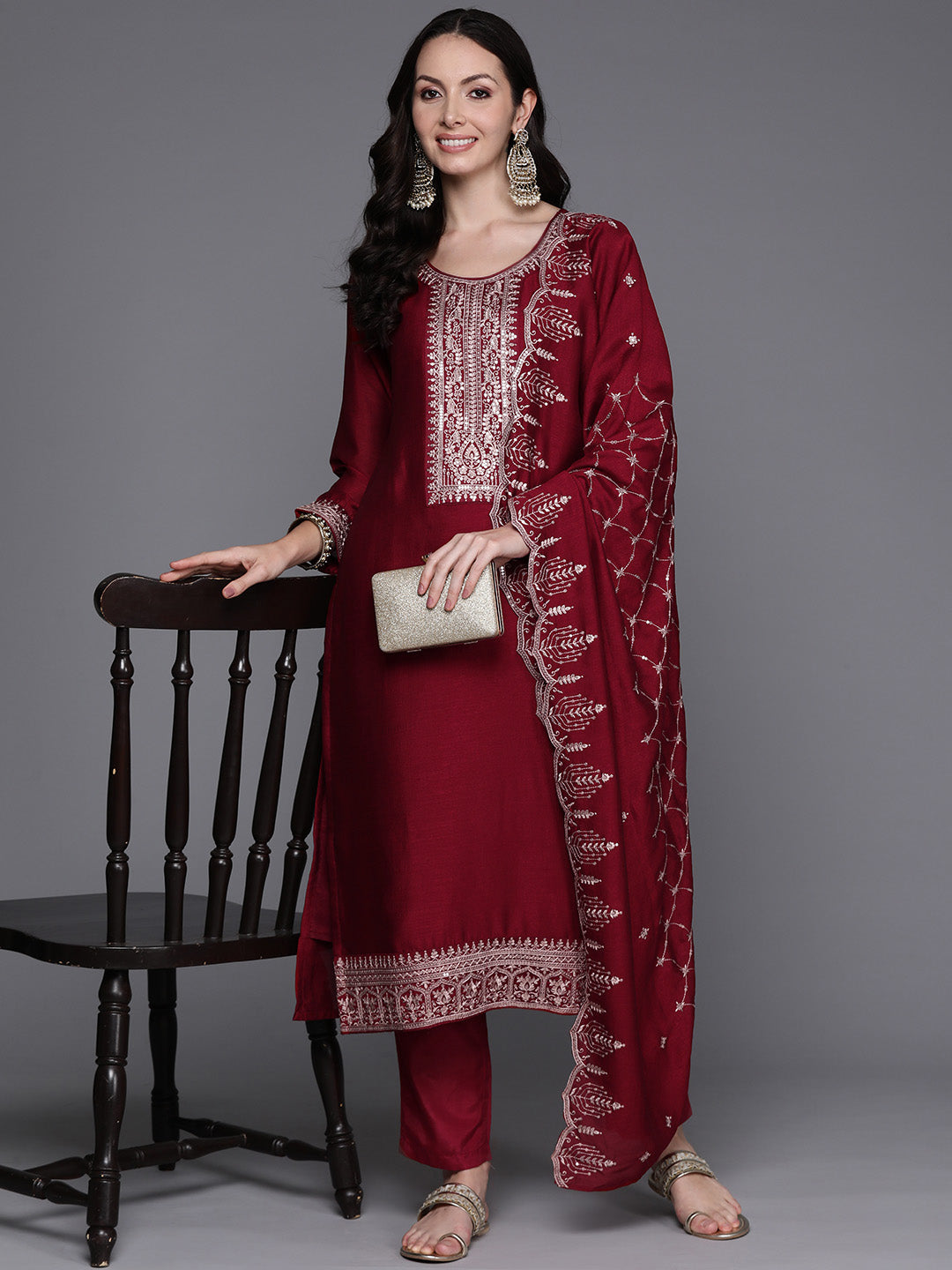 Women's Maroon Silk Blend Kurta Set - Taantav