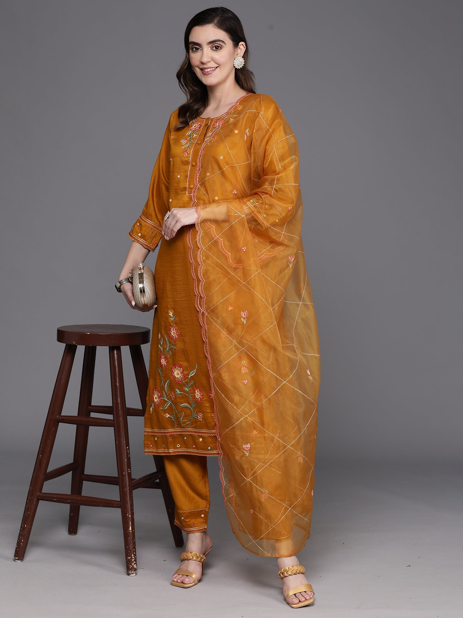 Women's Mustard Silk Blend Kurta Set - Taantav