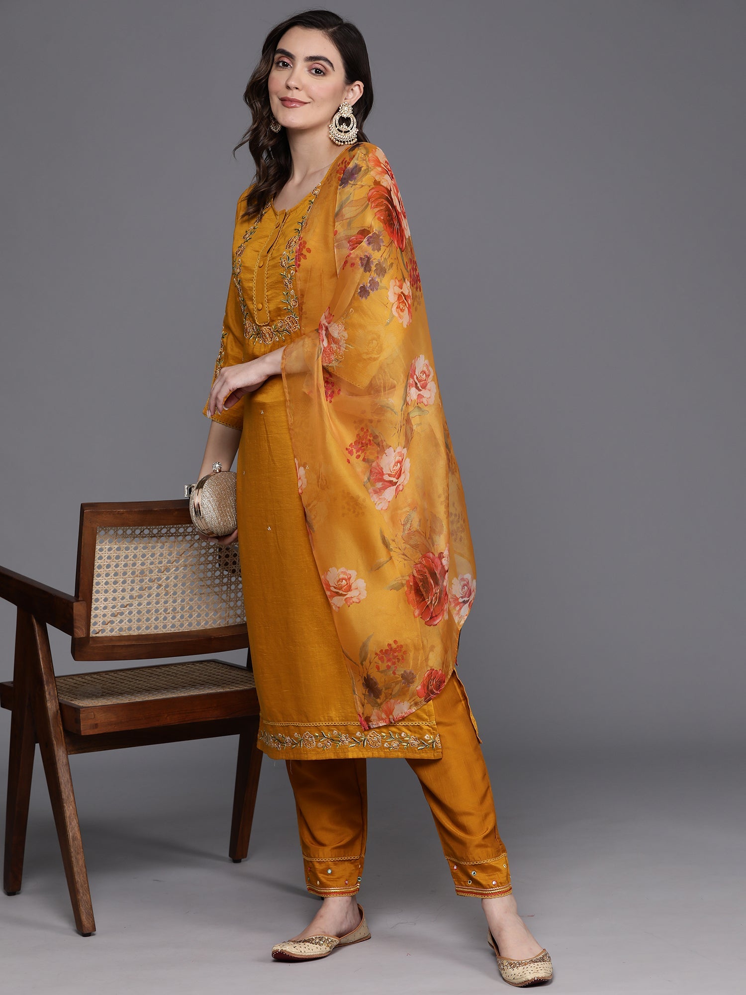 Women's Mustard Viscose Rayon Kurta Set - Taantav