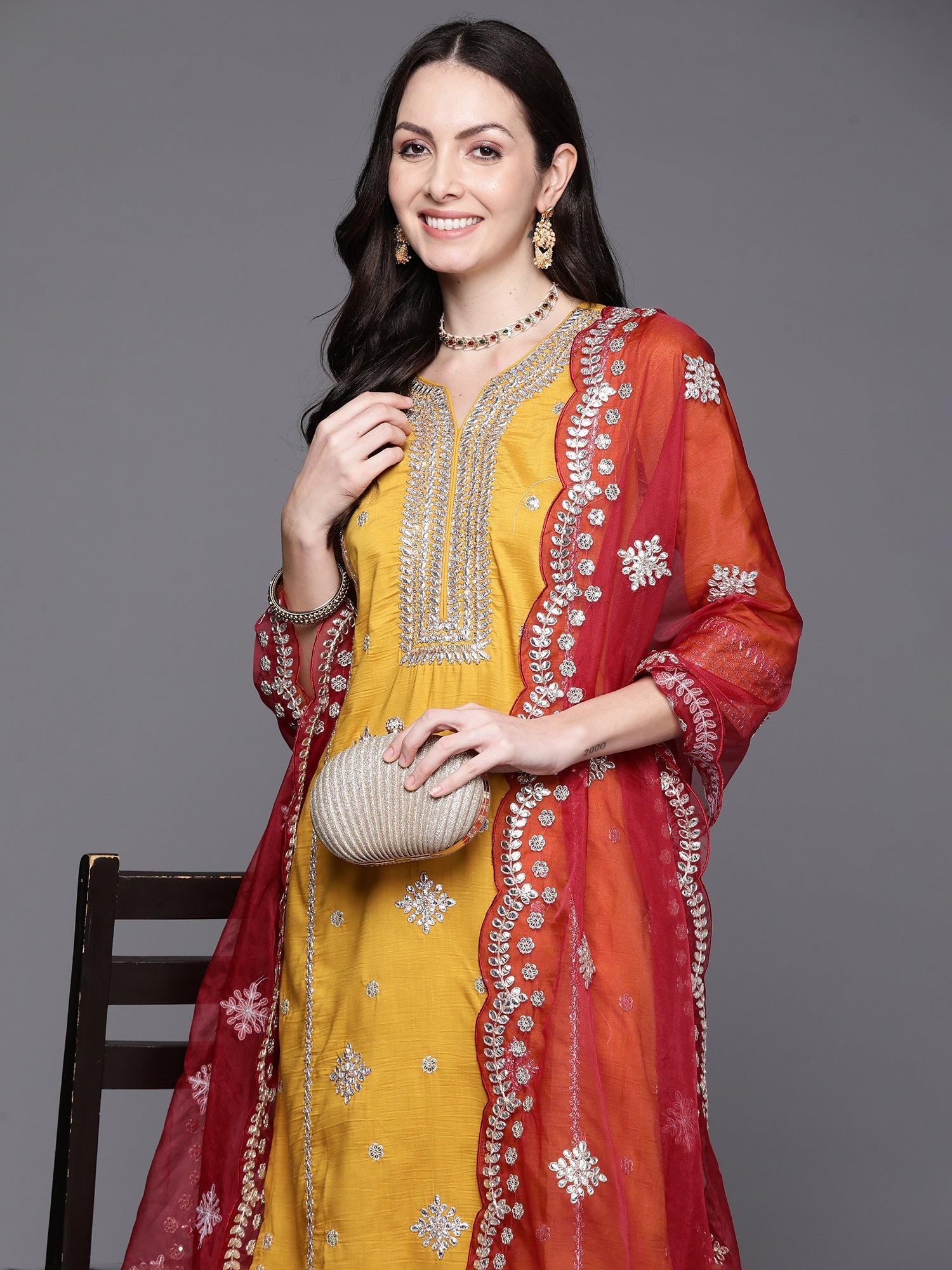 Women's Mustard Poly Silk Kurta Set - Taantav