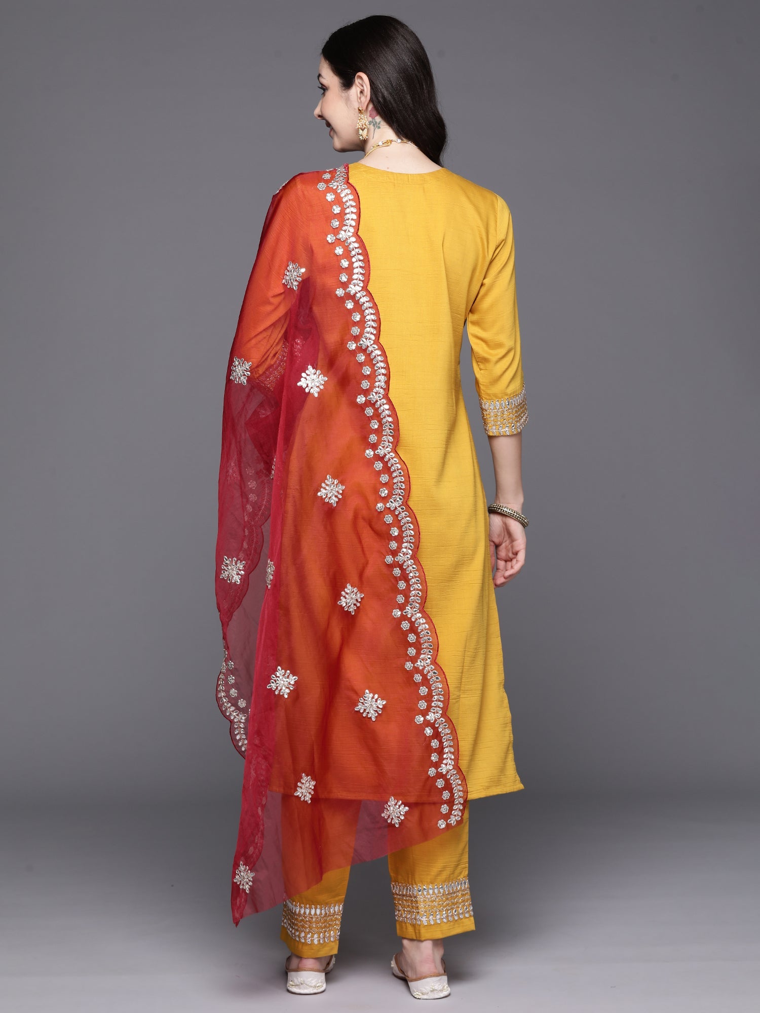 Women's Mustard Poly Silk Kurta Set - Taantav