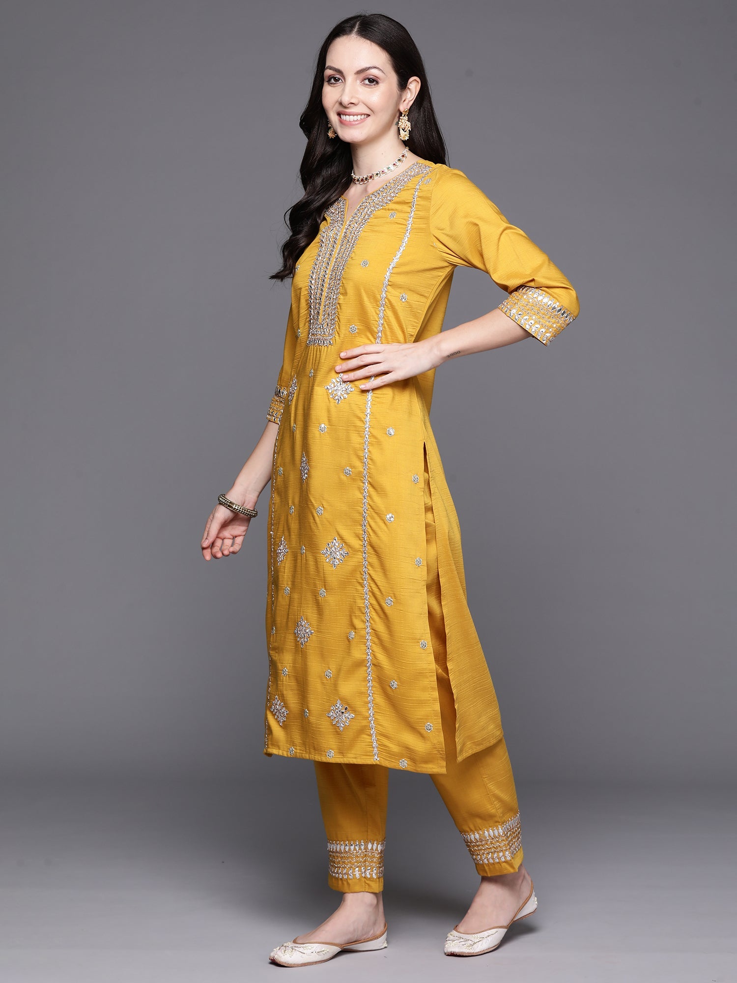 Women's Mustard Poly Silk Kurta Set - Taantav