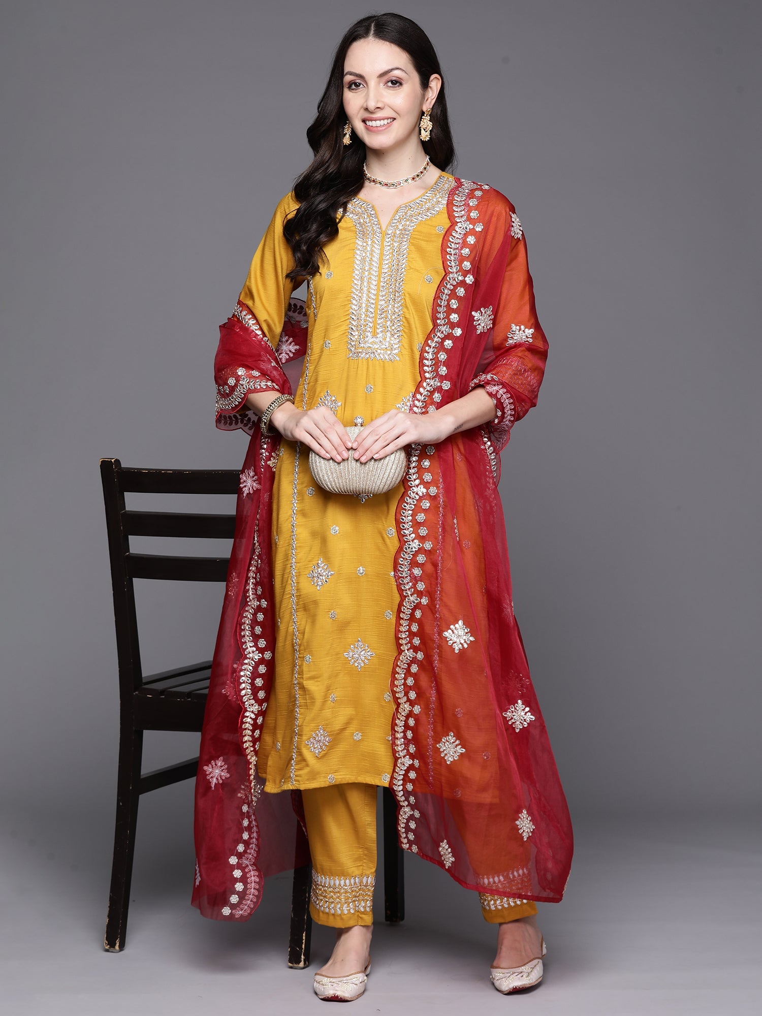 Women's Mustard Poly Silk Kurta Set - Taantav