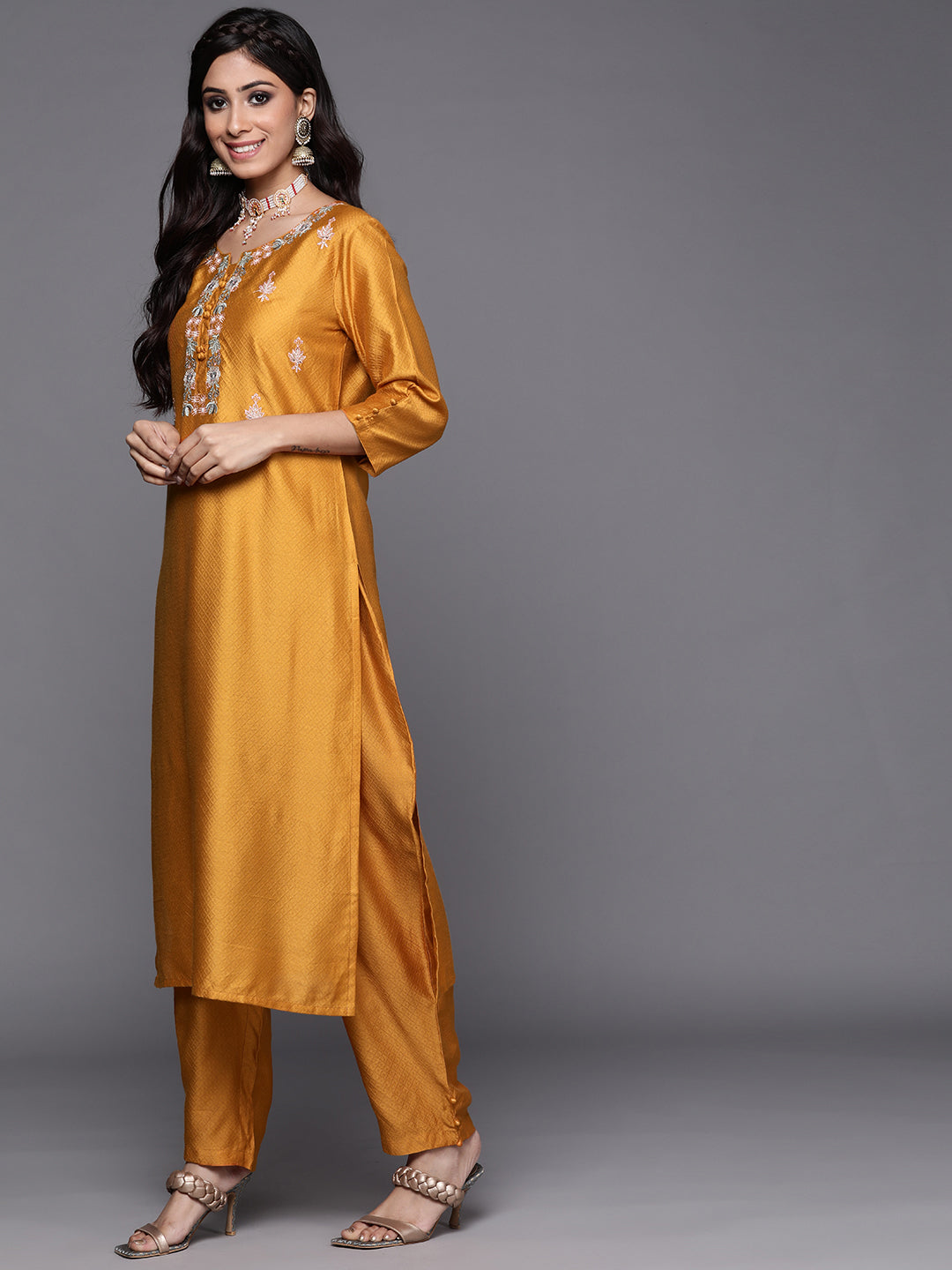 Women's Mustard Polyester Kurta Set - Taantav