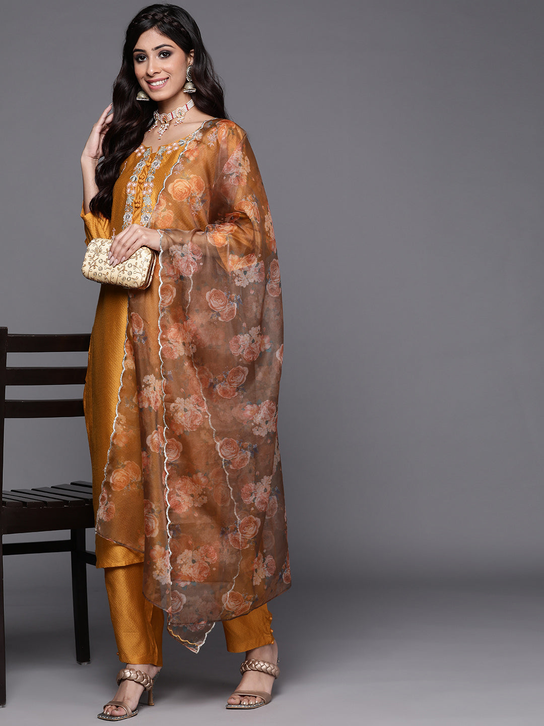 Women's Mustard Polyester Kurta Set - Taantav