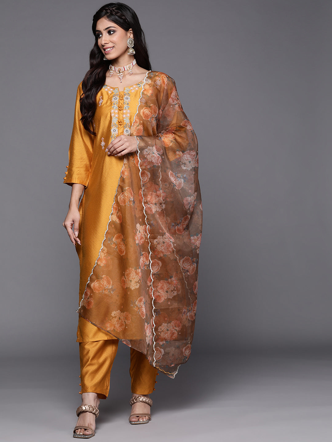 Women's Mustard Polyester Kurta Set - Taantav