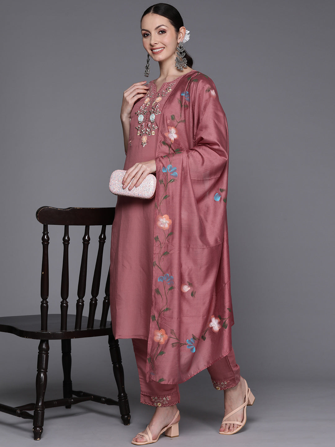 Women's Mauve Silk Blend Kurta Set - Taantav