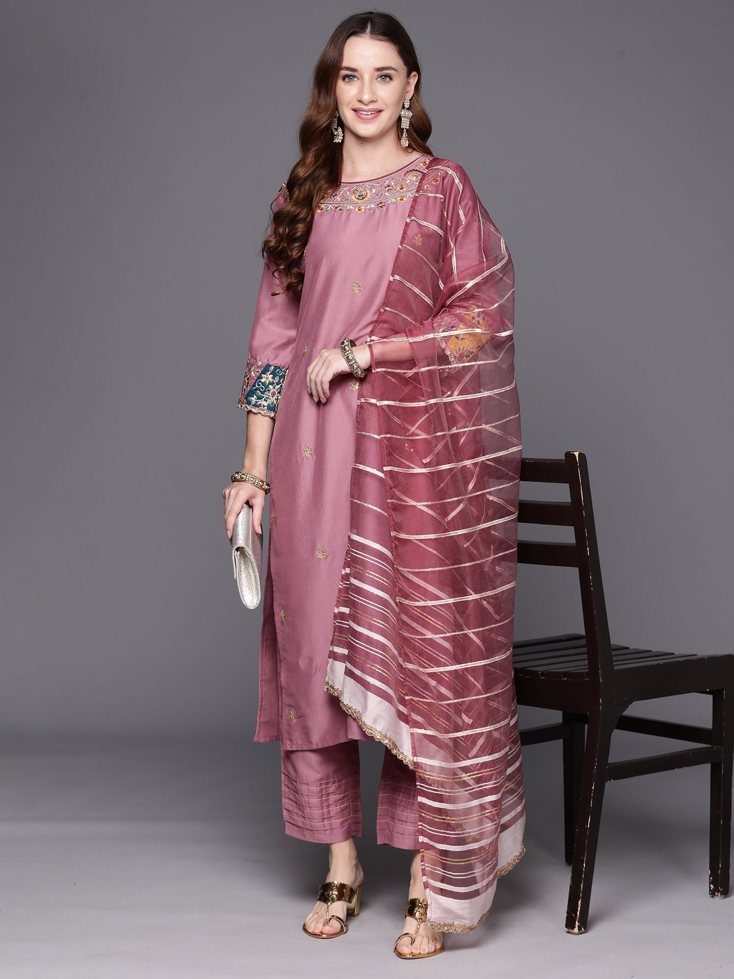 Women's Mauve Silk Blend Kurta Set - Taantav