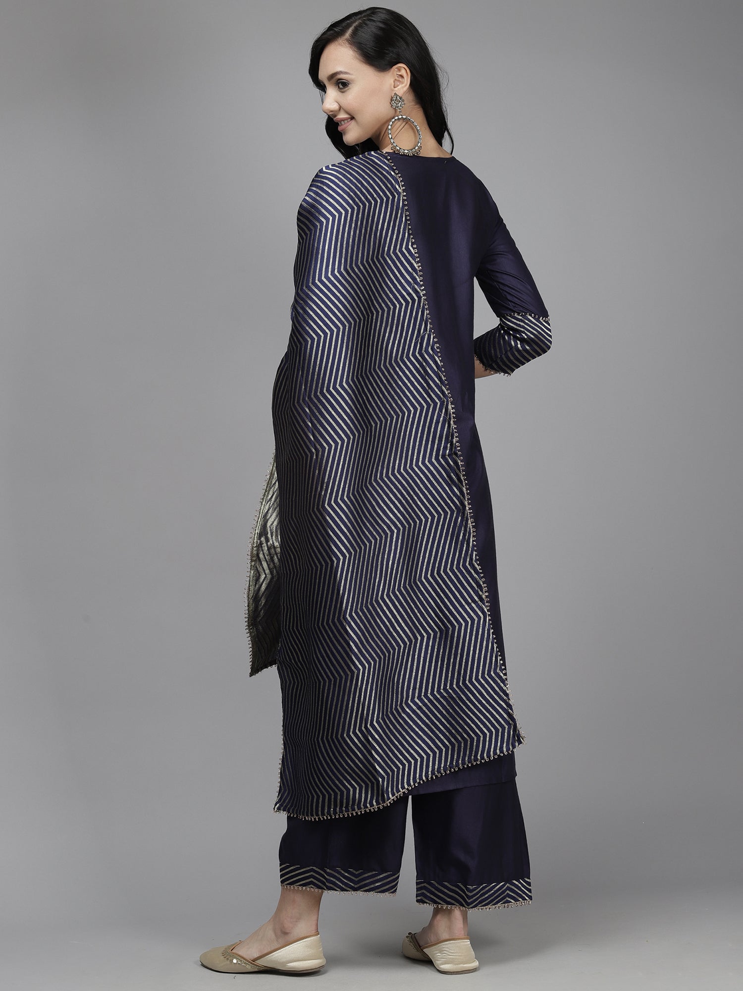 Women's Navy Blue Polyester Kurta Set - Taantav