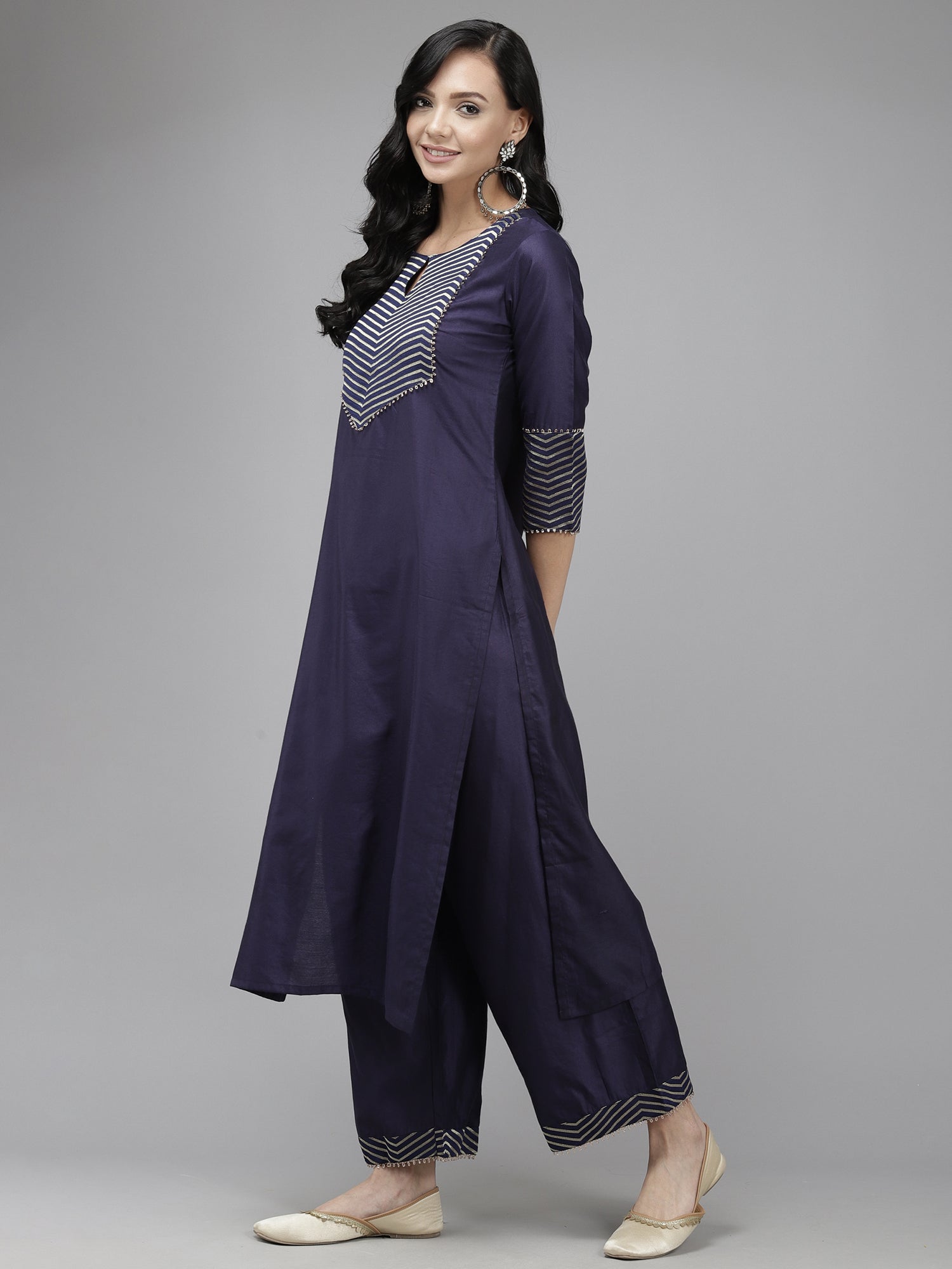 Women's Navy Blue Polyester Kurta Set - Taantav