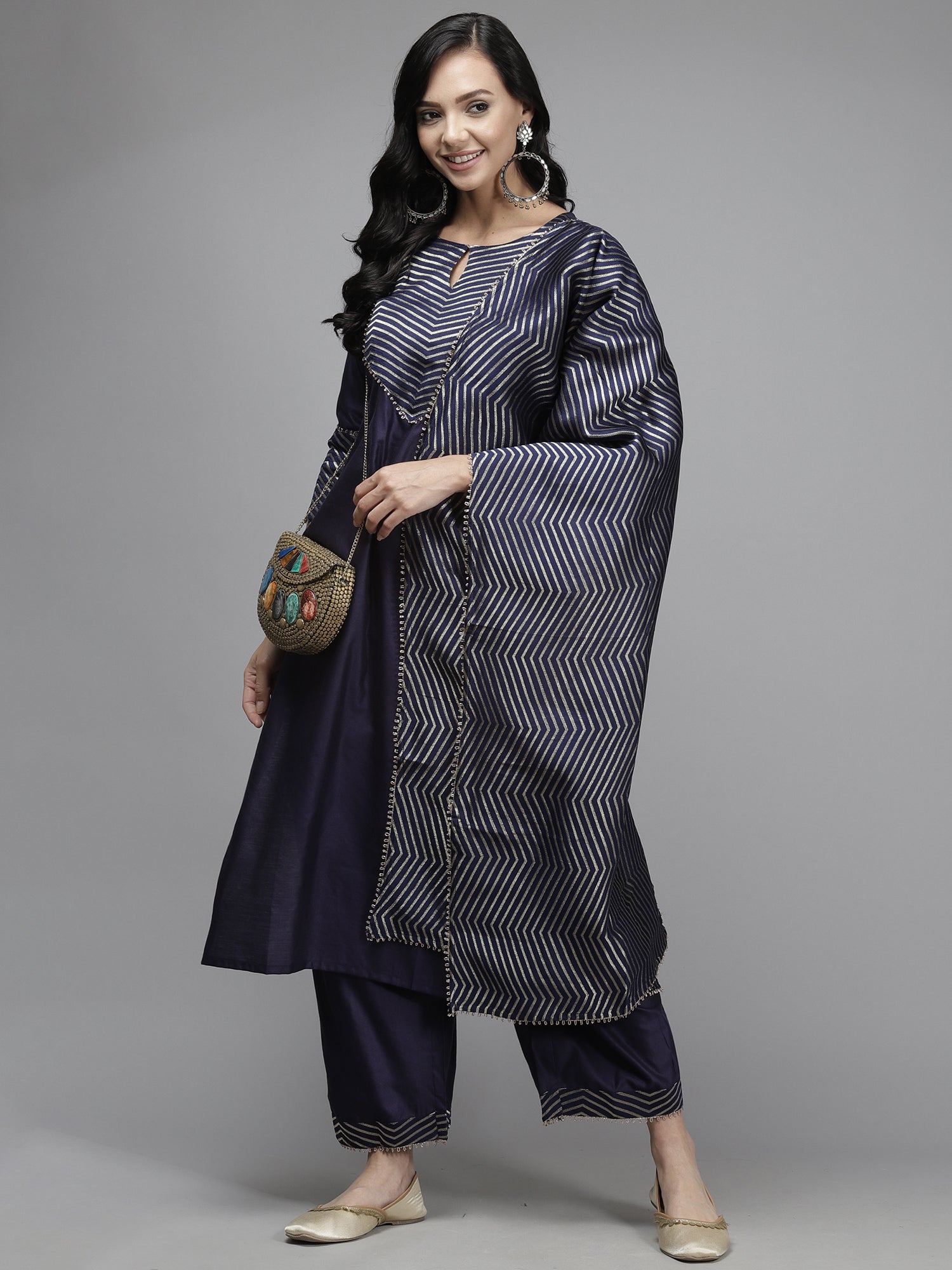 Women's Navy Blue Polyester Kurta Set - Taantav