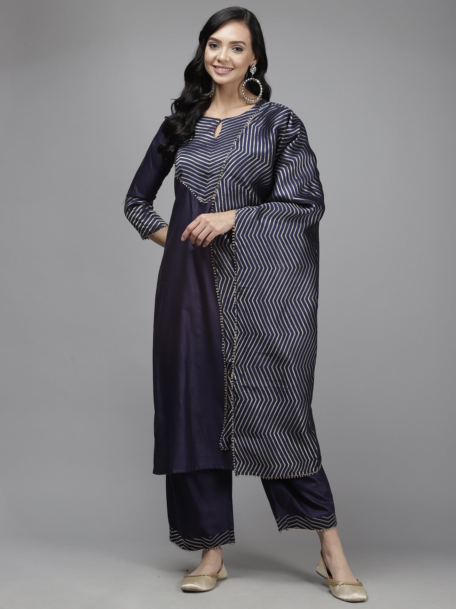 Women's Navy Blue Polyester Kurta Set - Taantav