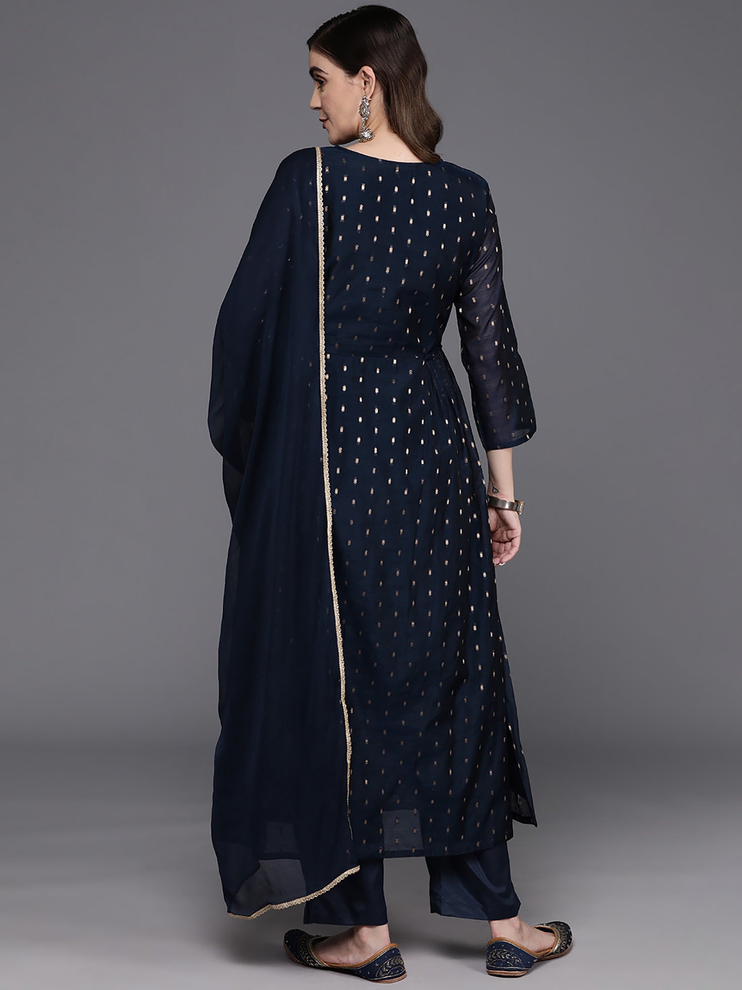 Women's Navy Blue Chanderi Silk Kurta Set - Taantav