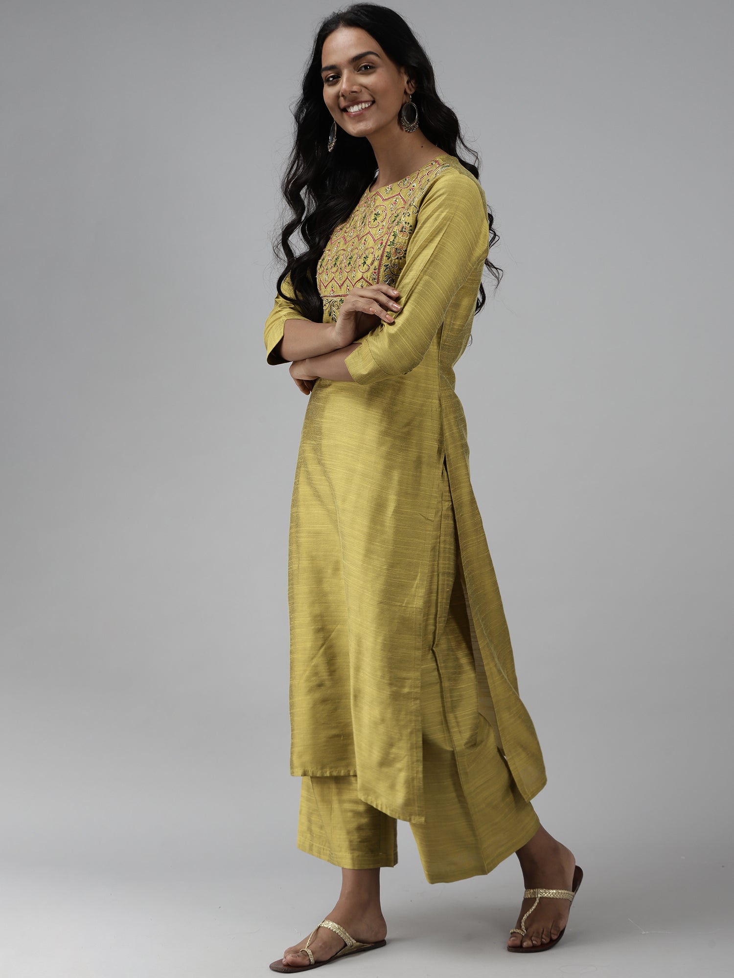 Women's Olive Chanderi Silk Kurta Set - Taantav