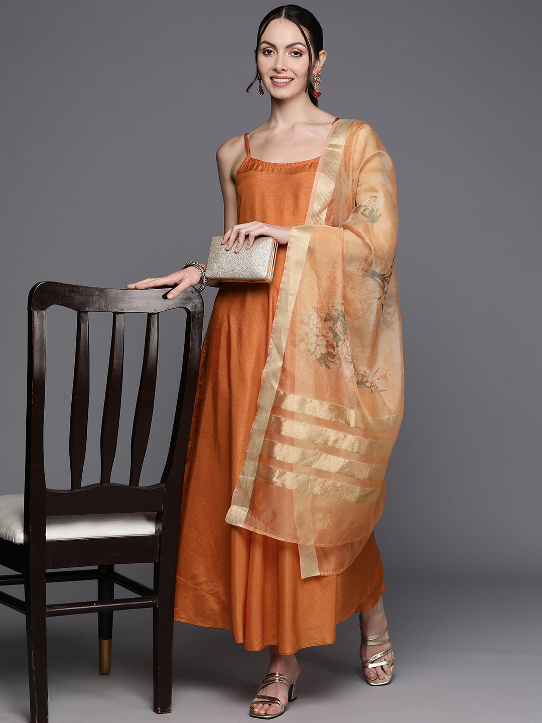 Women's Orange Polyester Kurta Set - Taantav