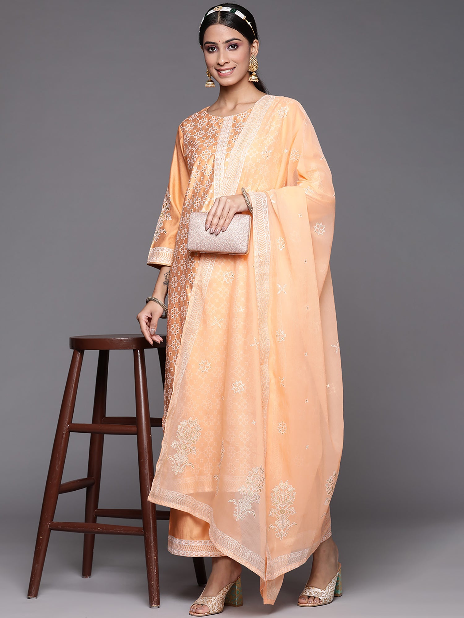 Women's Peach Liva Kurta Set - Taantav