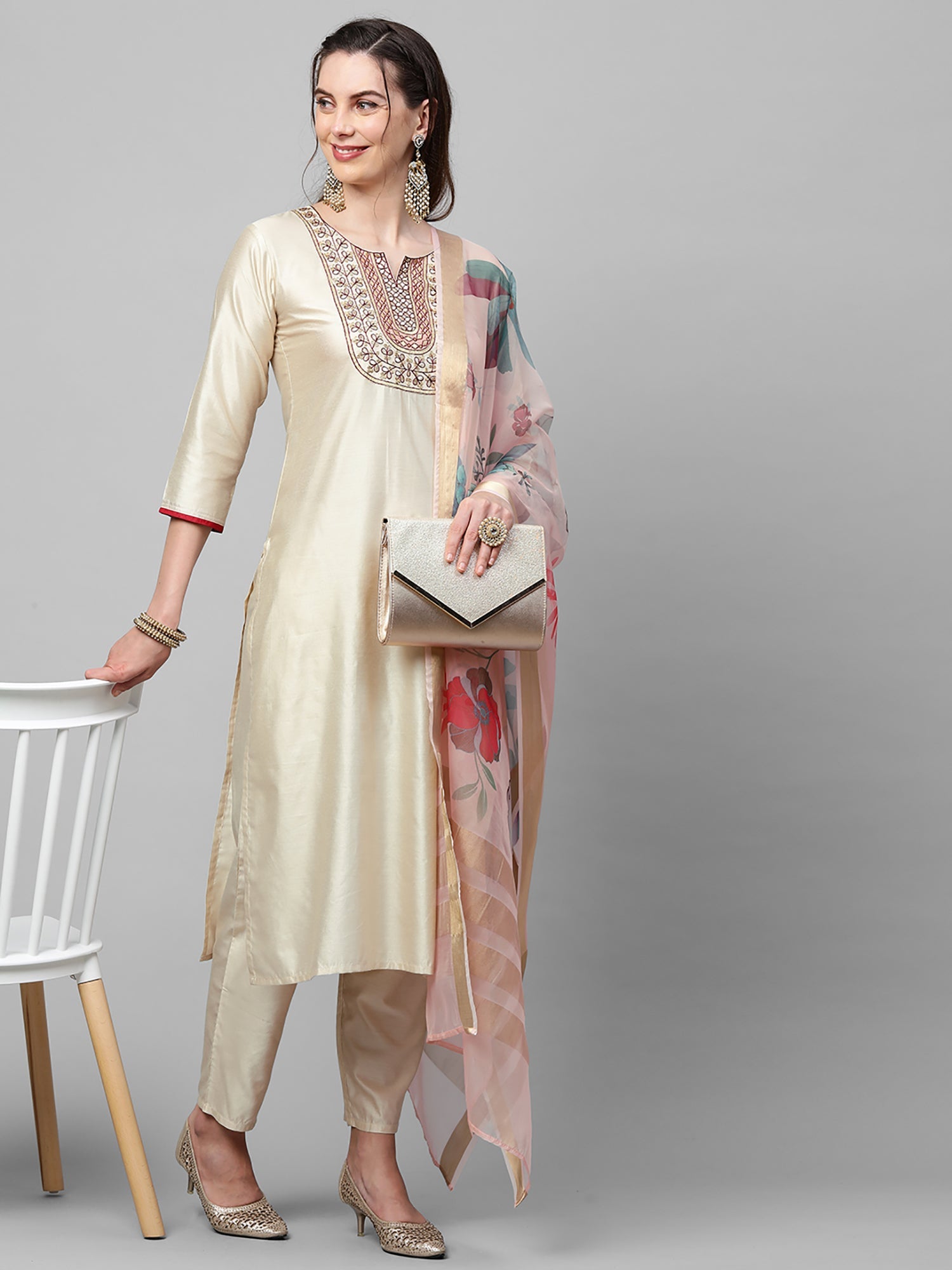 Women's Beige Liva Kurta Set - Taantav