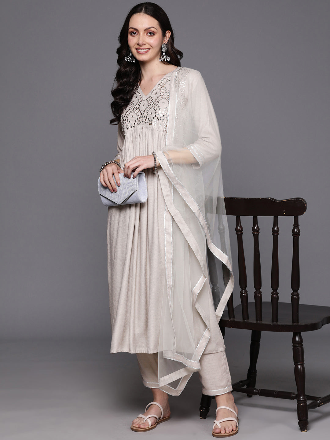 Women's Off White Polyester Kurta Set - Taantav