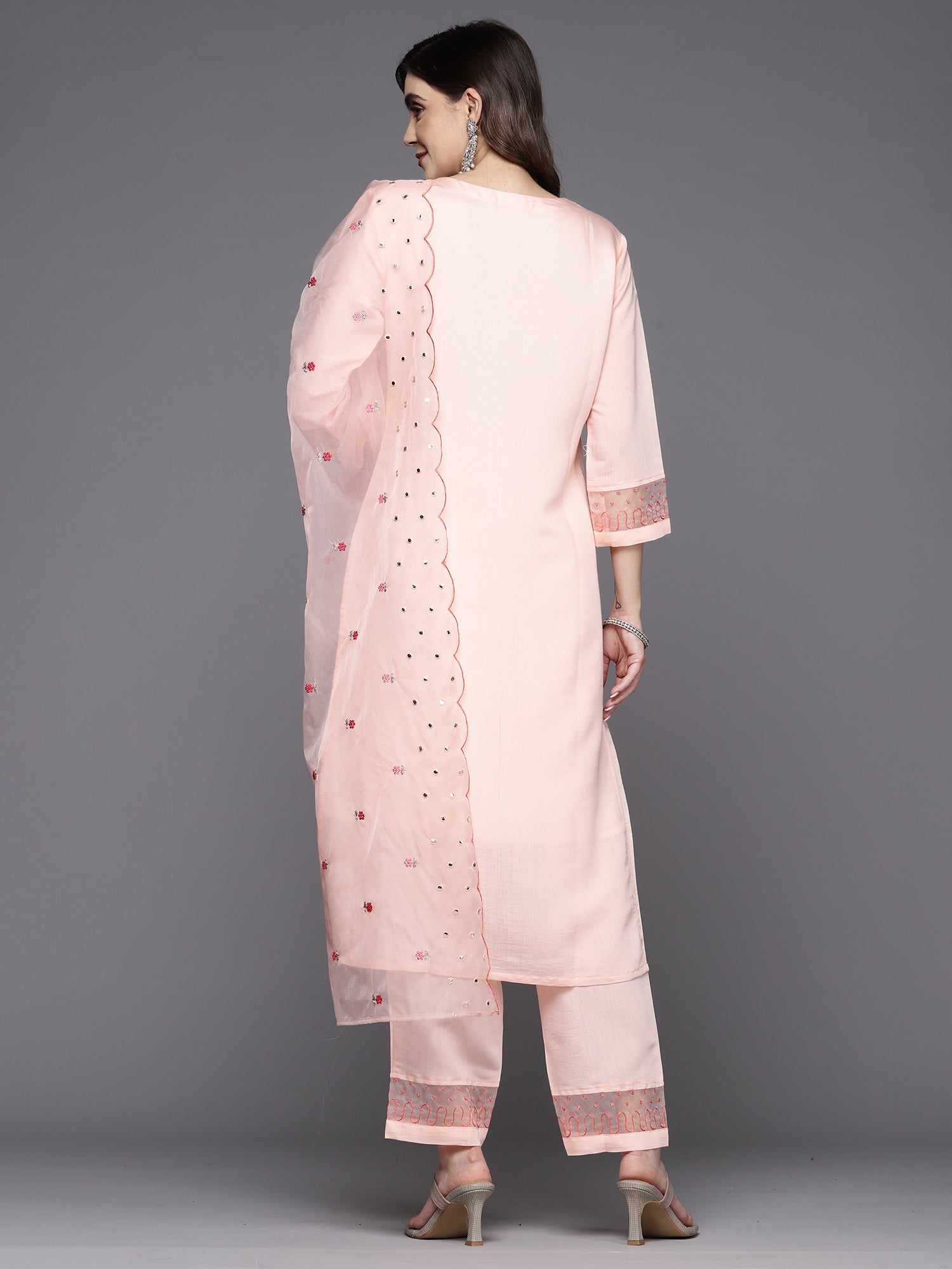 Women's Peach Poly Silk Kurta Set - Taantav