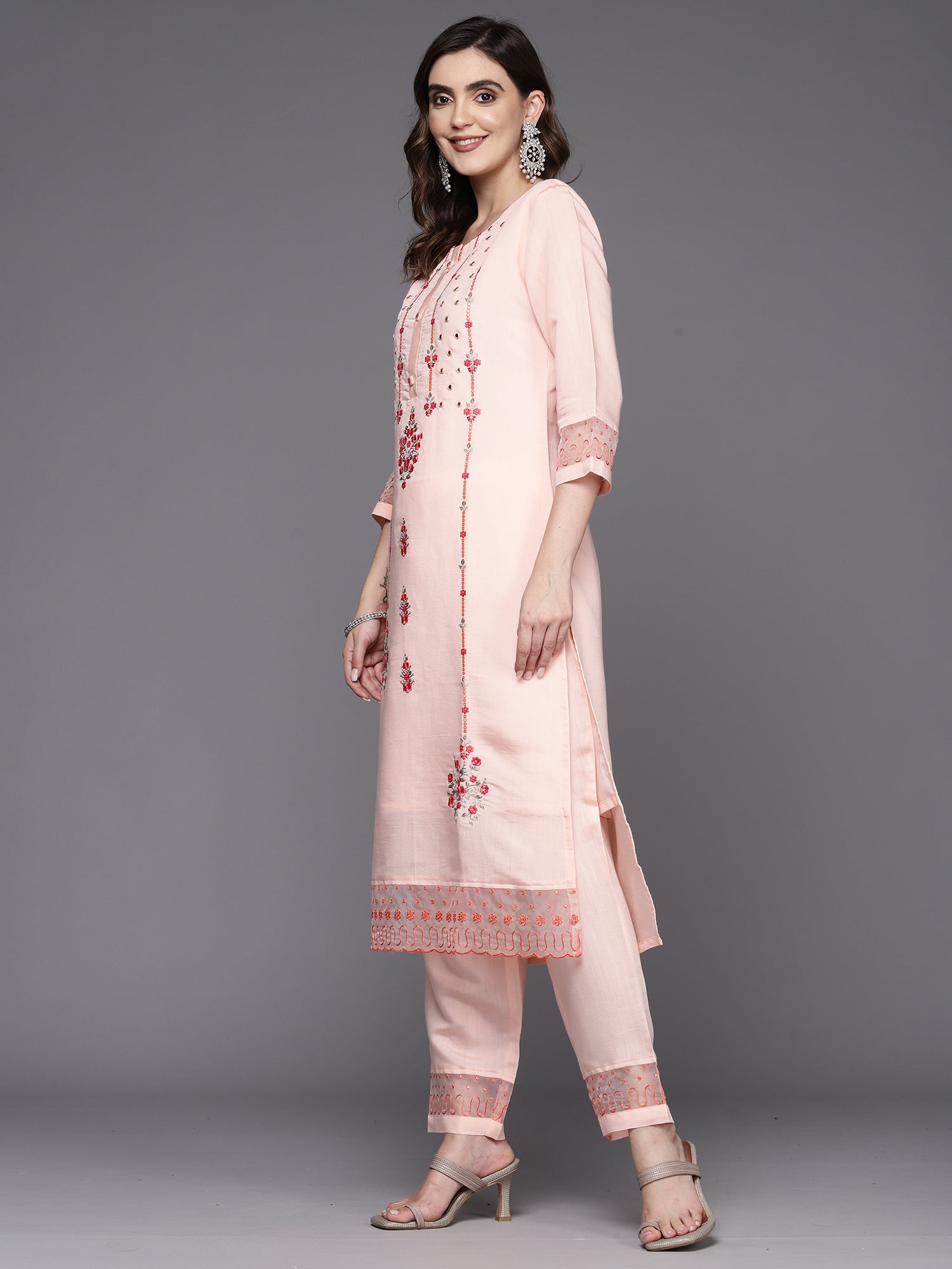 Women's Peach Poly Silk Kurta Set - Taantav