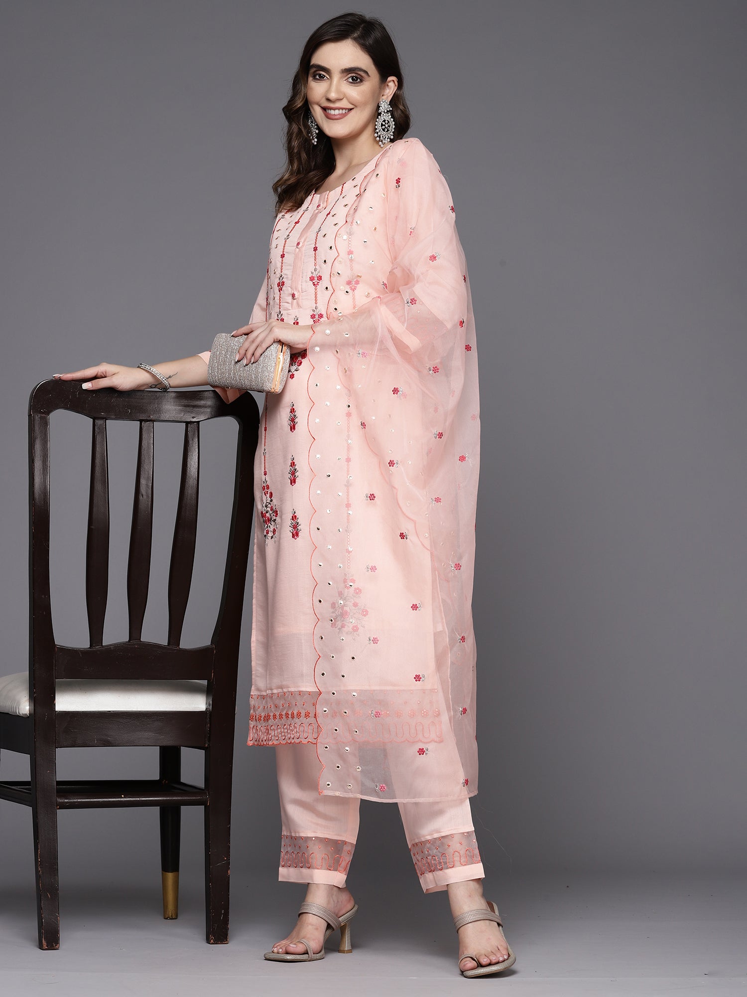 Women's Peach Poly Silk Kurta Set - Taantav