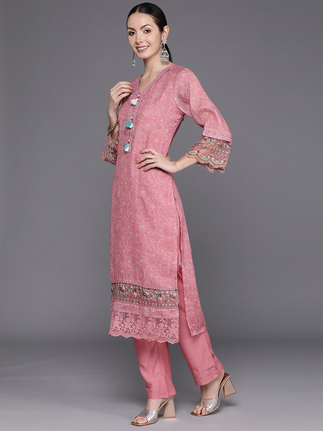 Women's Peach Linen Kurta Set - Taantav