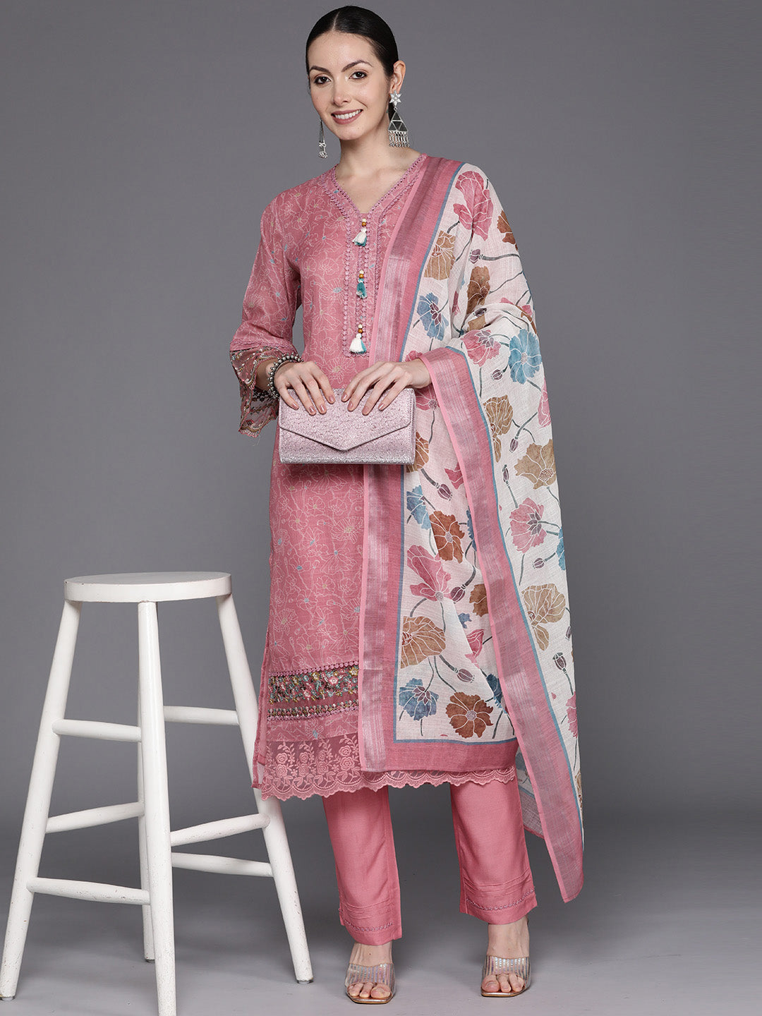 Women's Peach Linen Kurta Set - Taantav