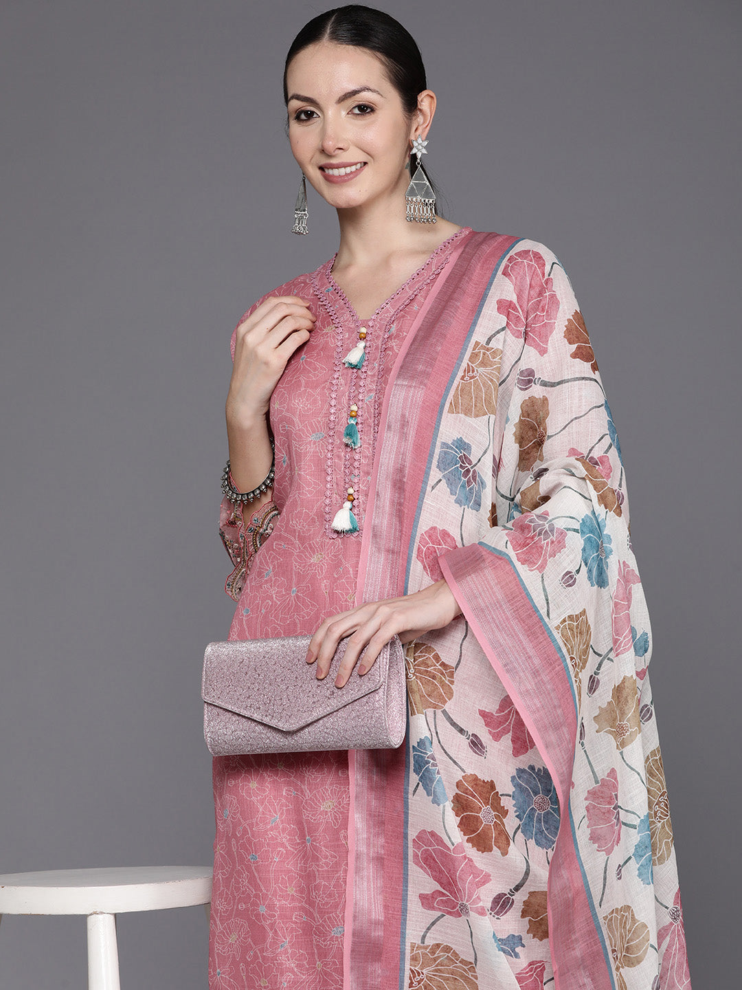 Women's Peach Linen Kurta Set - Taantav