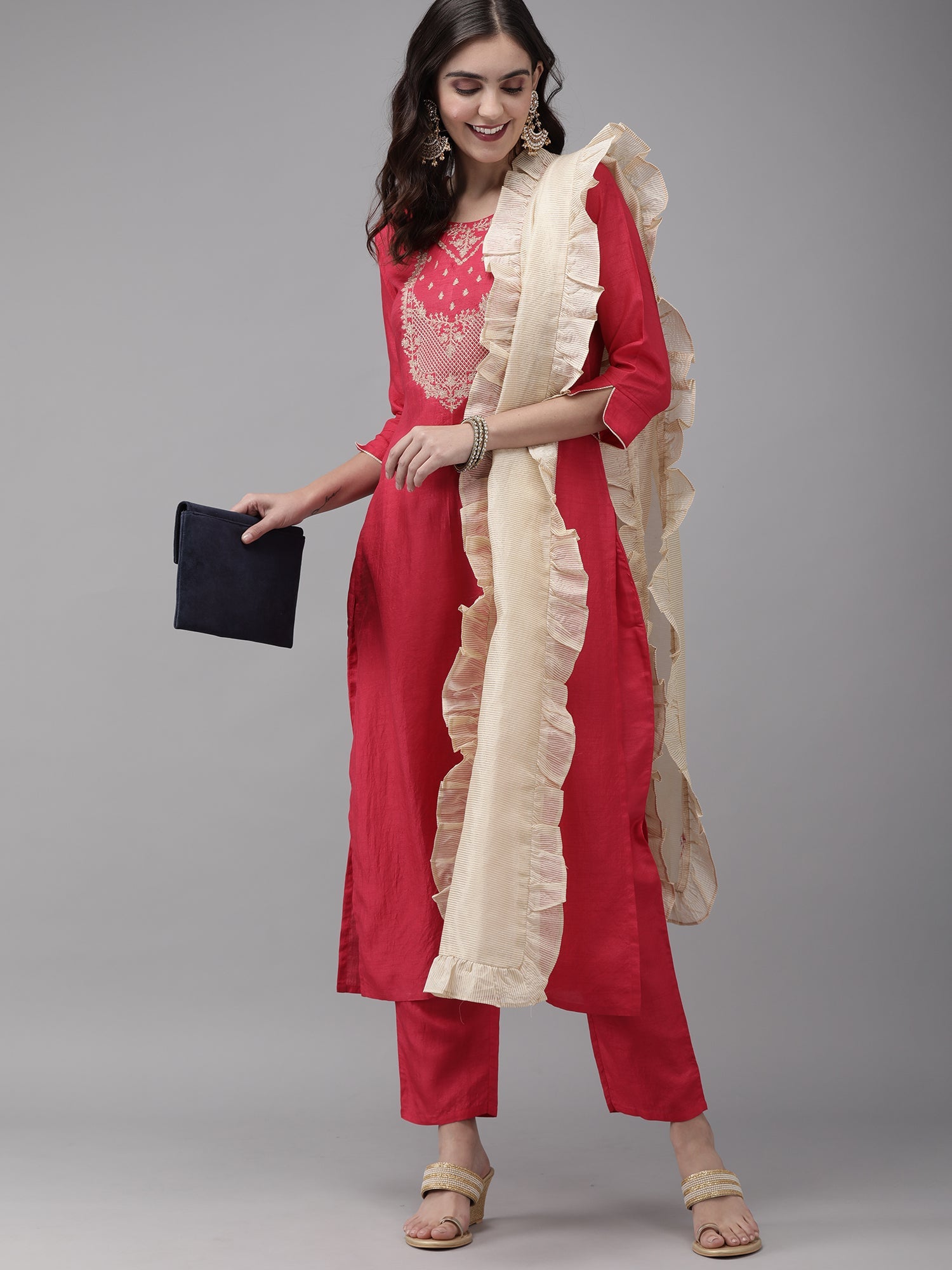 Women's Pink Polyester Kurta Set - Taantav