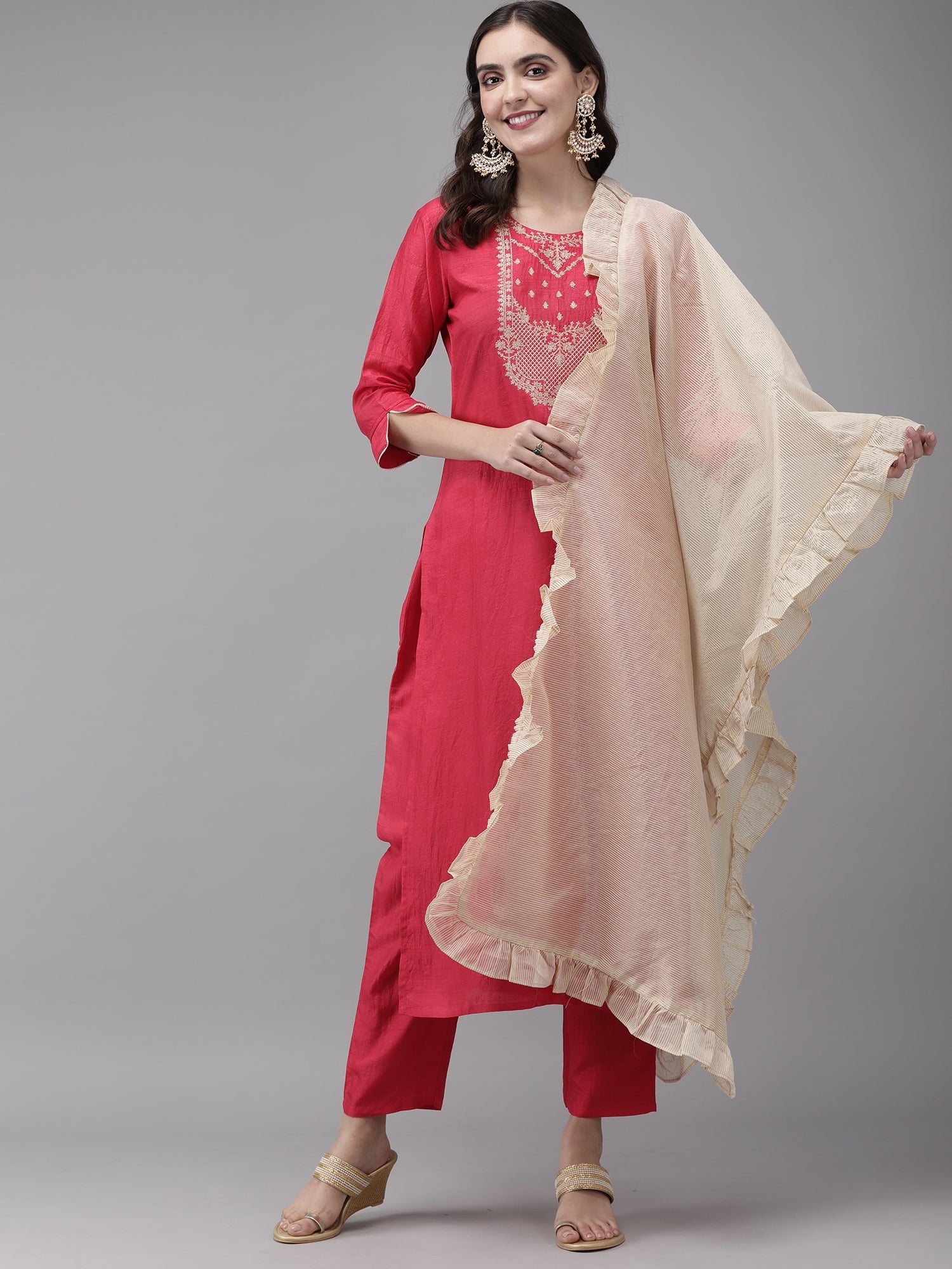 Women's Pink Polyester Kurta Set - Taantav