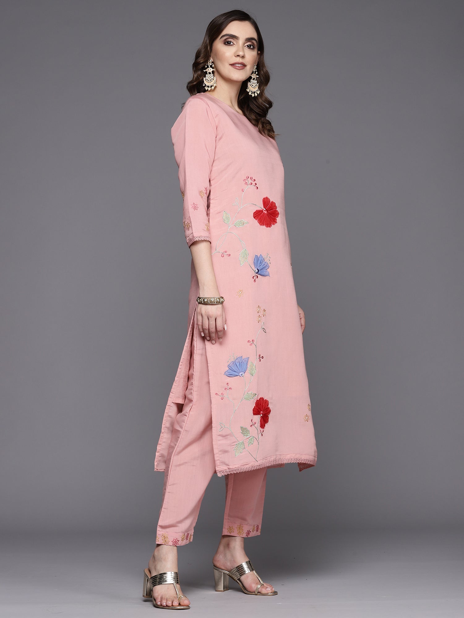 Women's Pink Viscose Rayon Kurta Set - Taantav