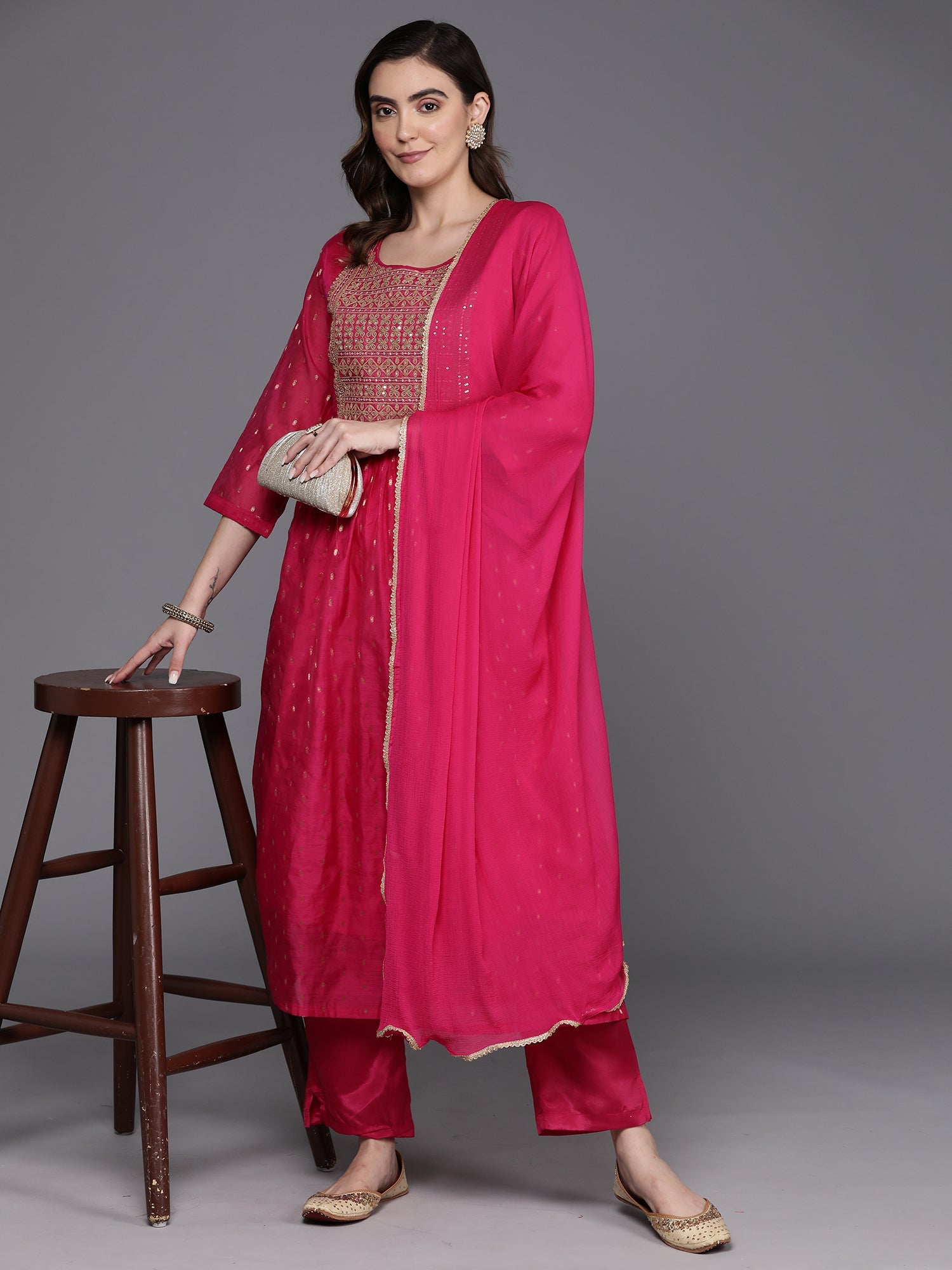 Women's Pink Chanderi Silk Kurta Set - Taantav