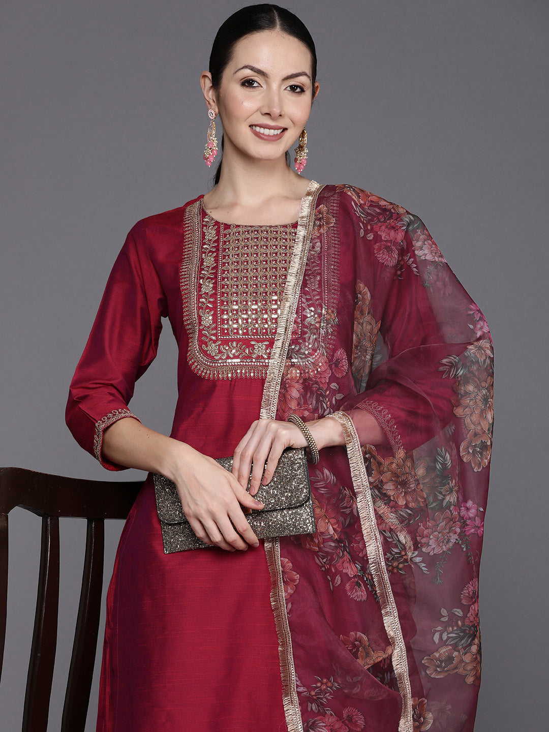 Women's Maroon Chanderi Silk Kurta Set - Taantav