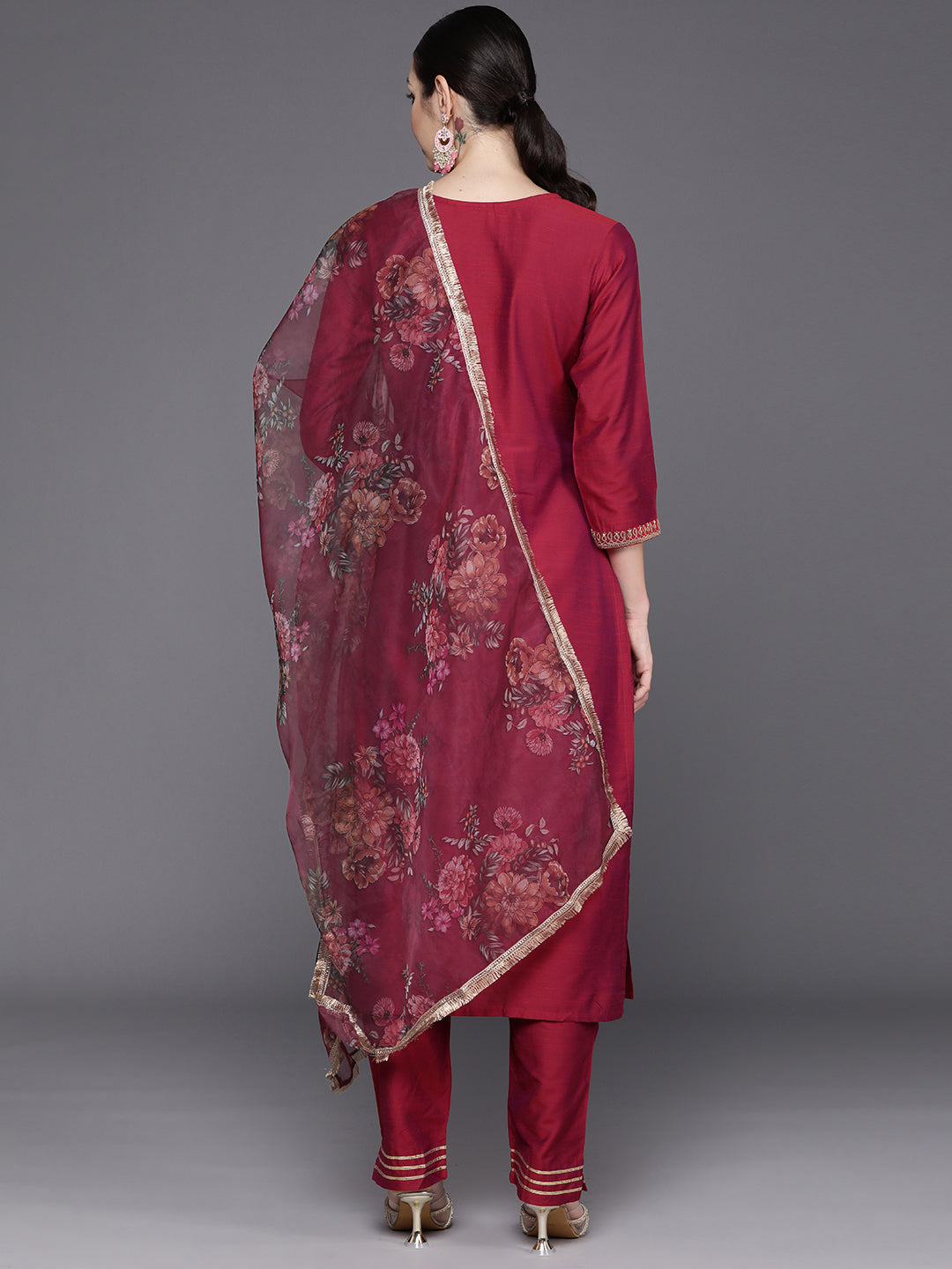 Women's Maroon Chanderi Silk Kurta Set - Taantav