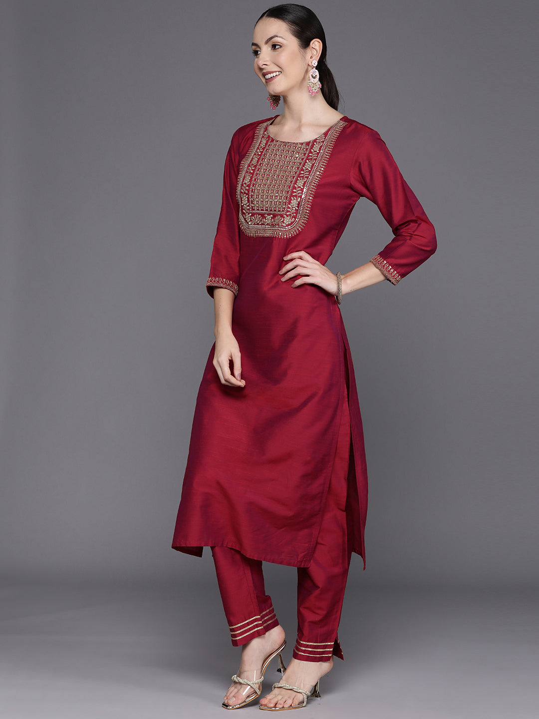 Women's Maroon Chanderi Silk Kurta Set - Taantav