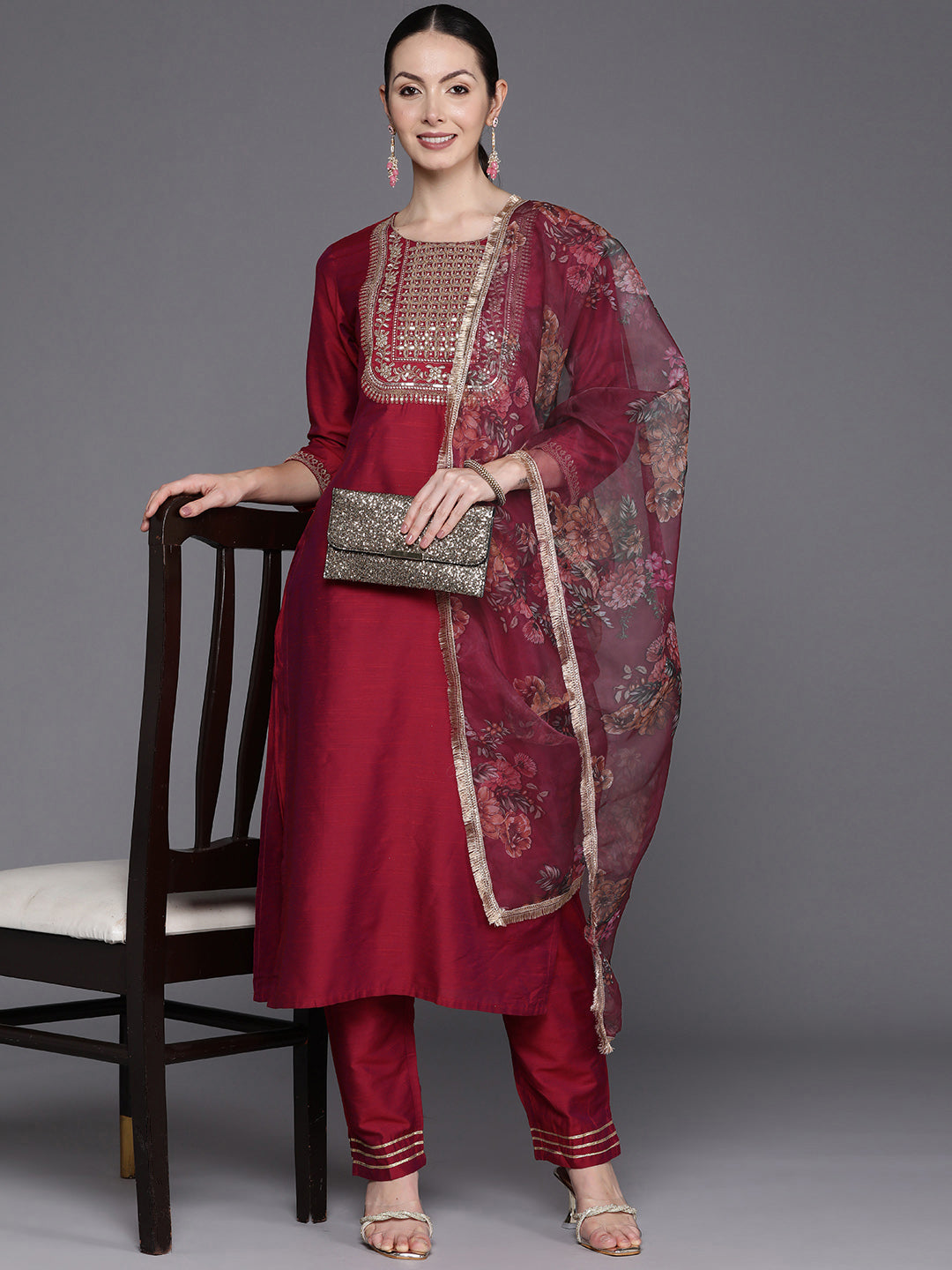 Women's Maroon Chanderi Silk Kurta Set - Taantav