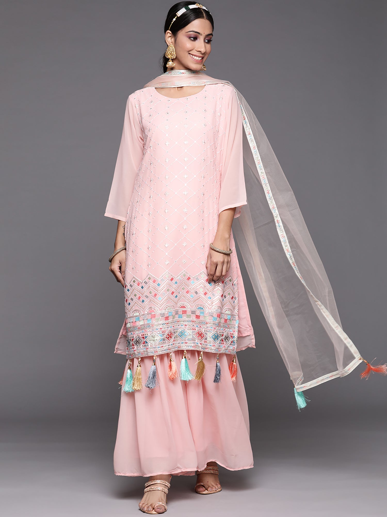 Women's Pink Poly Georgette Kurta Set - Taantav