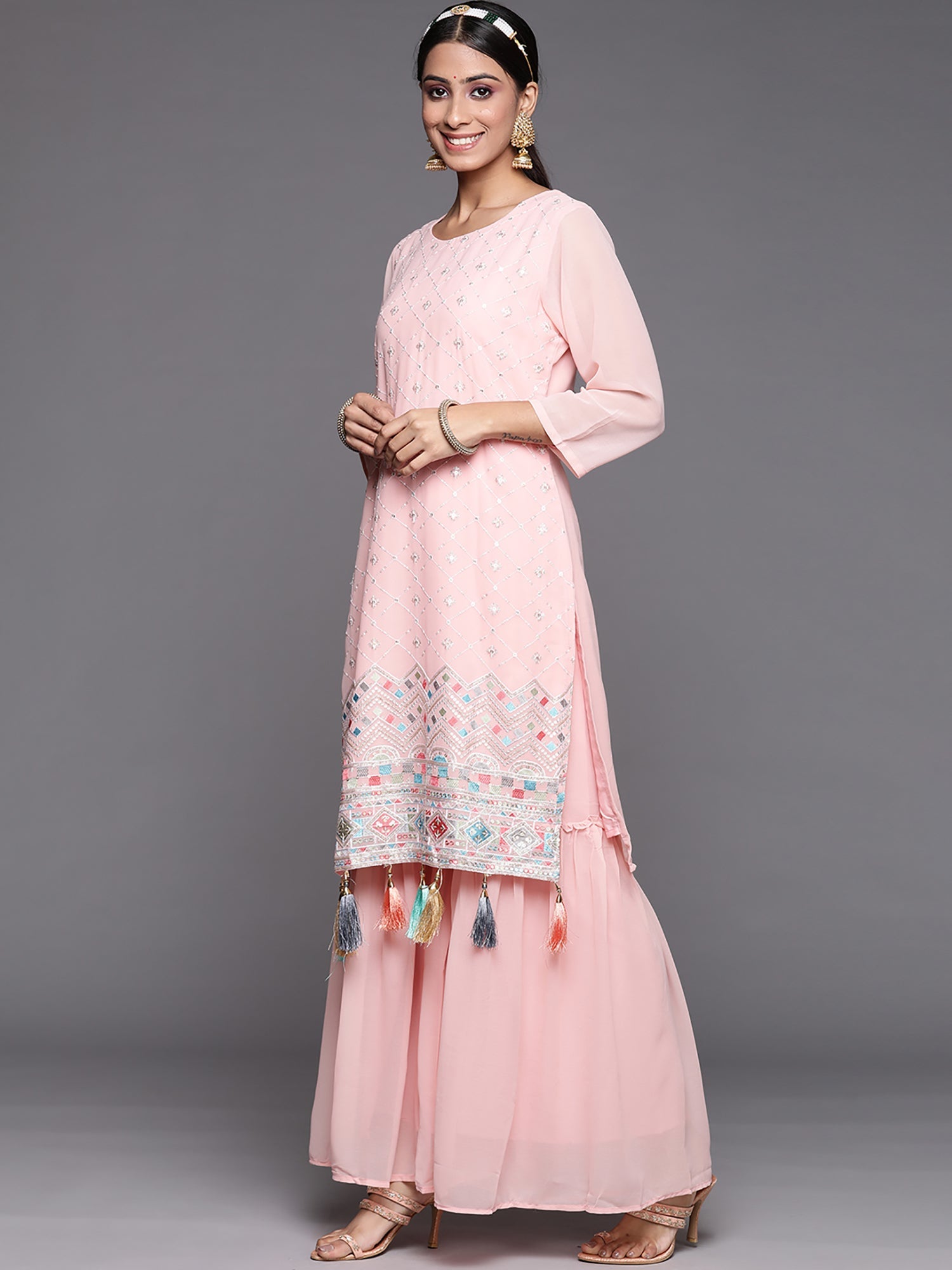 Women's Pink Poly Georgette Kurta Set - Taantav