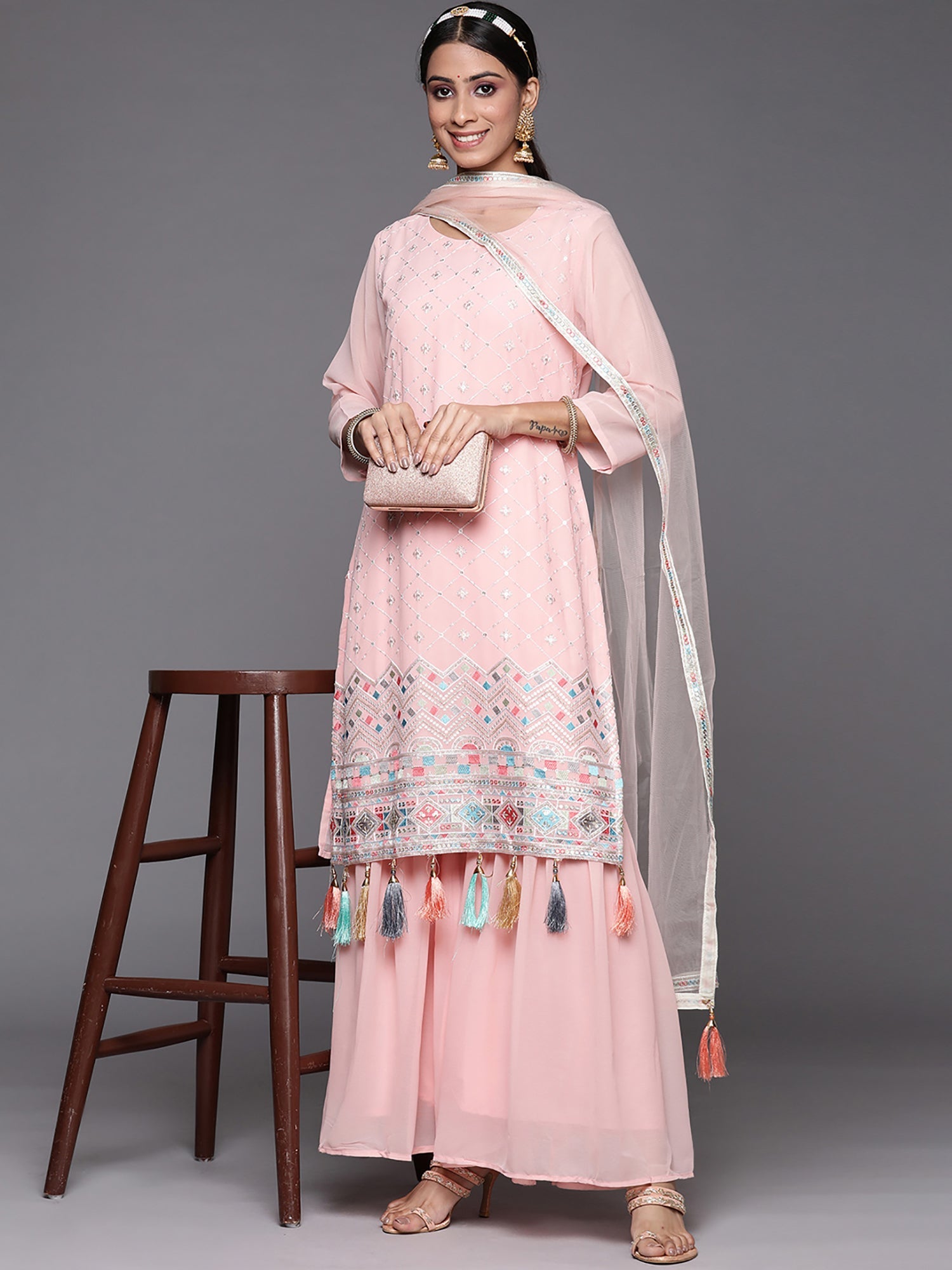 Women's Pink Poly Georgette Kurta Set - Taantav