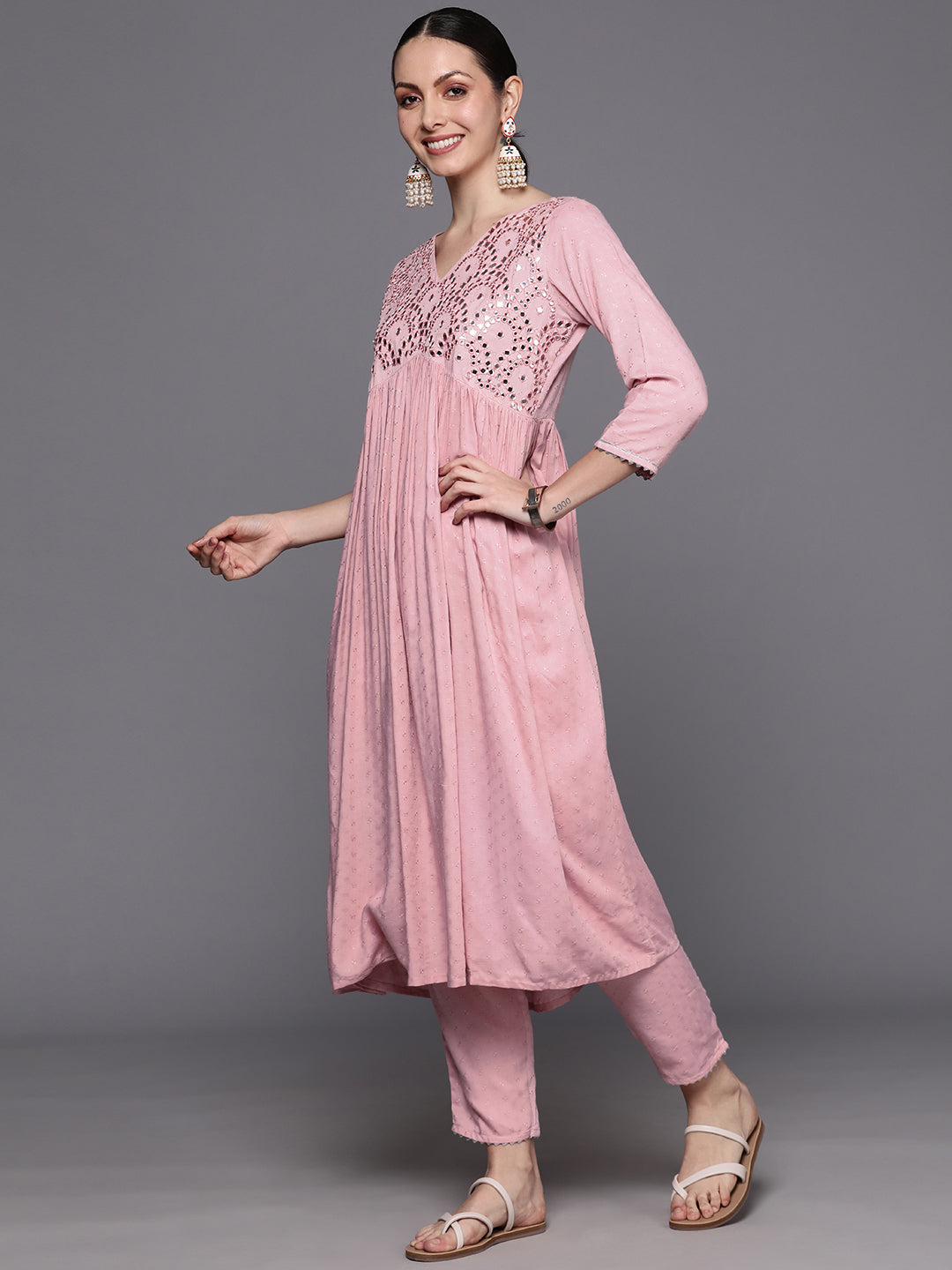 Women's Pink Polyester Kurta Set - Taantav