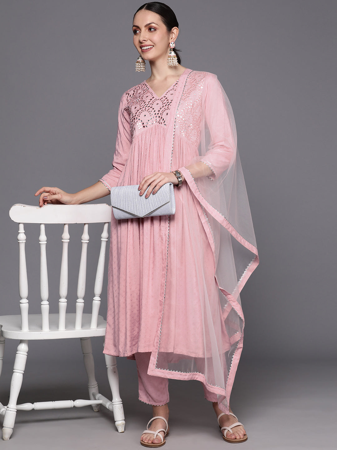 Women's Pink Polyester Kurta Set - Taantav