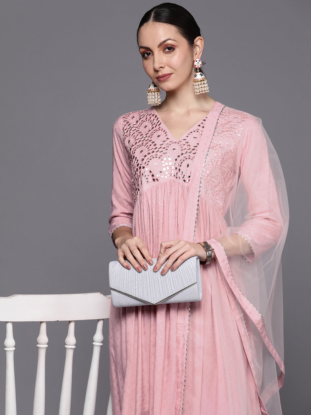 Women's Pink Polyester Kurta Set - Taantav