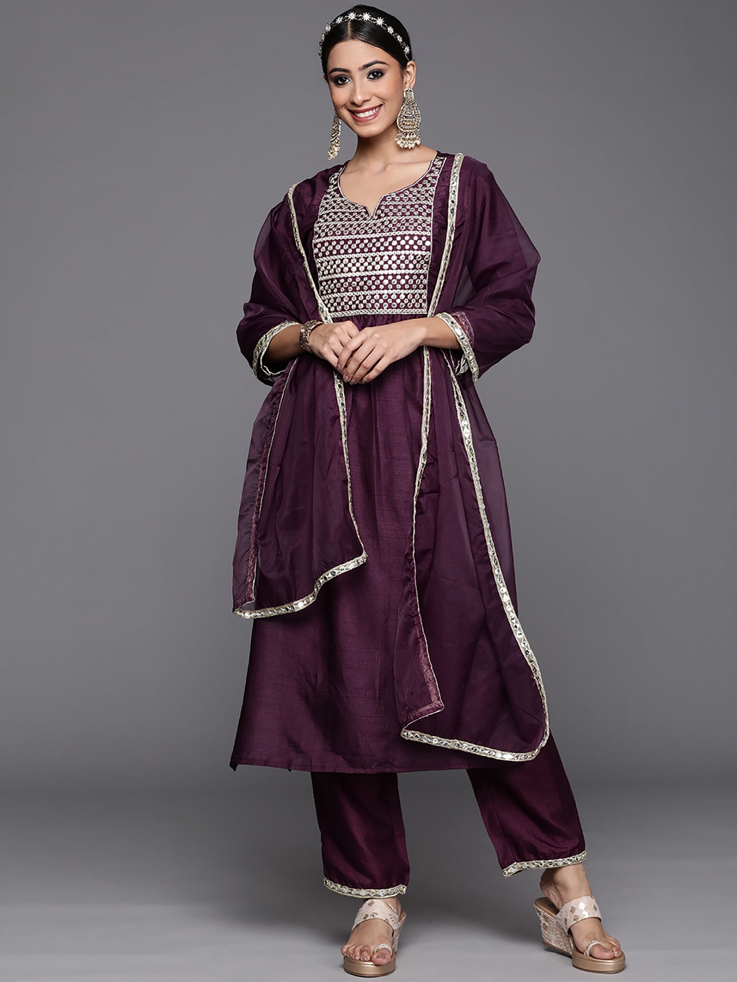 Women's Purple Polyester Kurta Set - Taantav