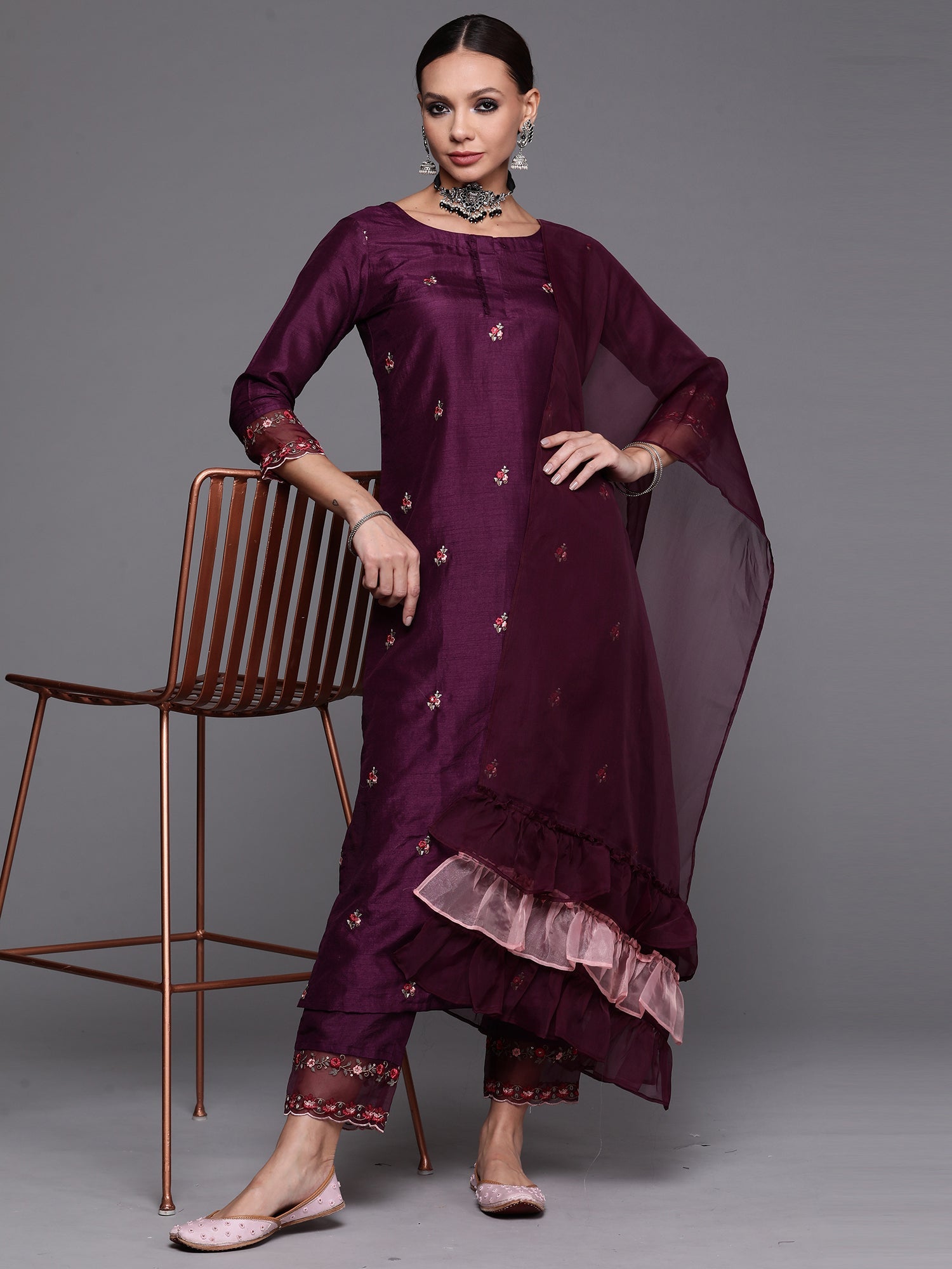 Women's Purple Polyester Kurta Set - Taantav