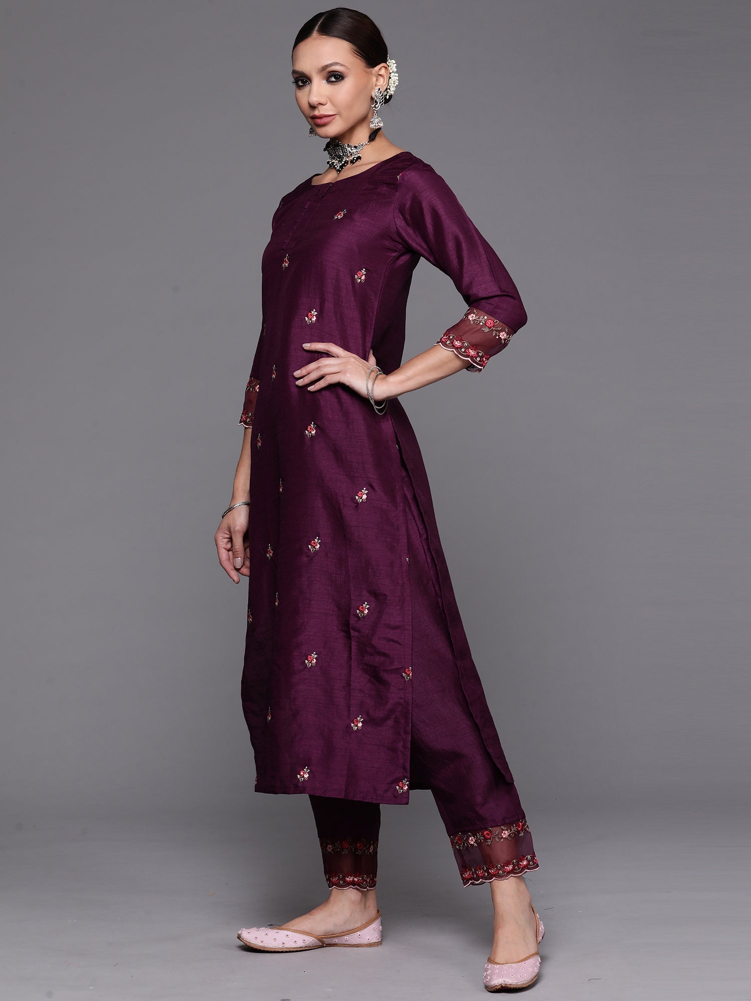 Women's Purple Polyester Kurta Set - Taantav