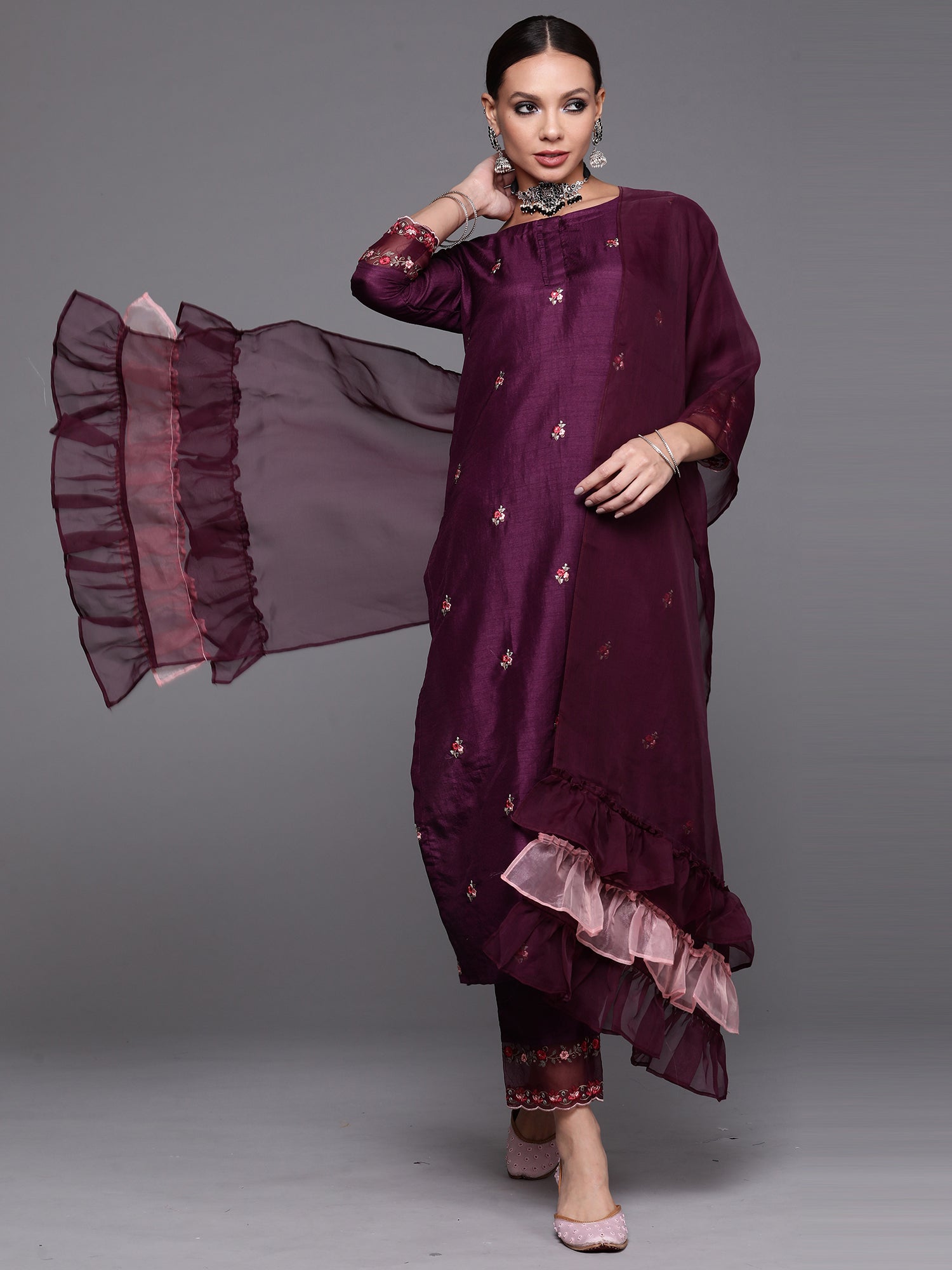 Women's Purple Polyester Kurta Set - Taantav