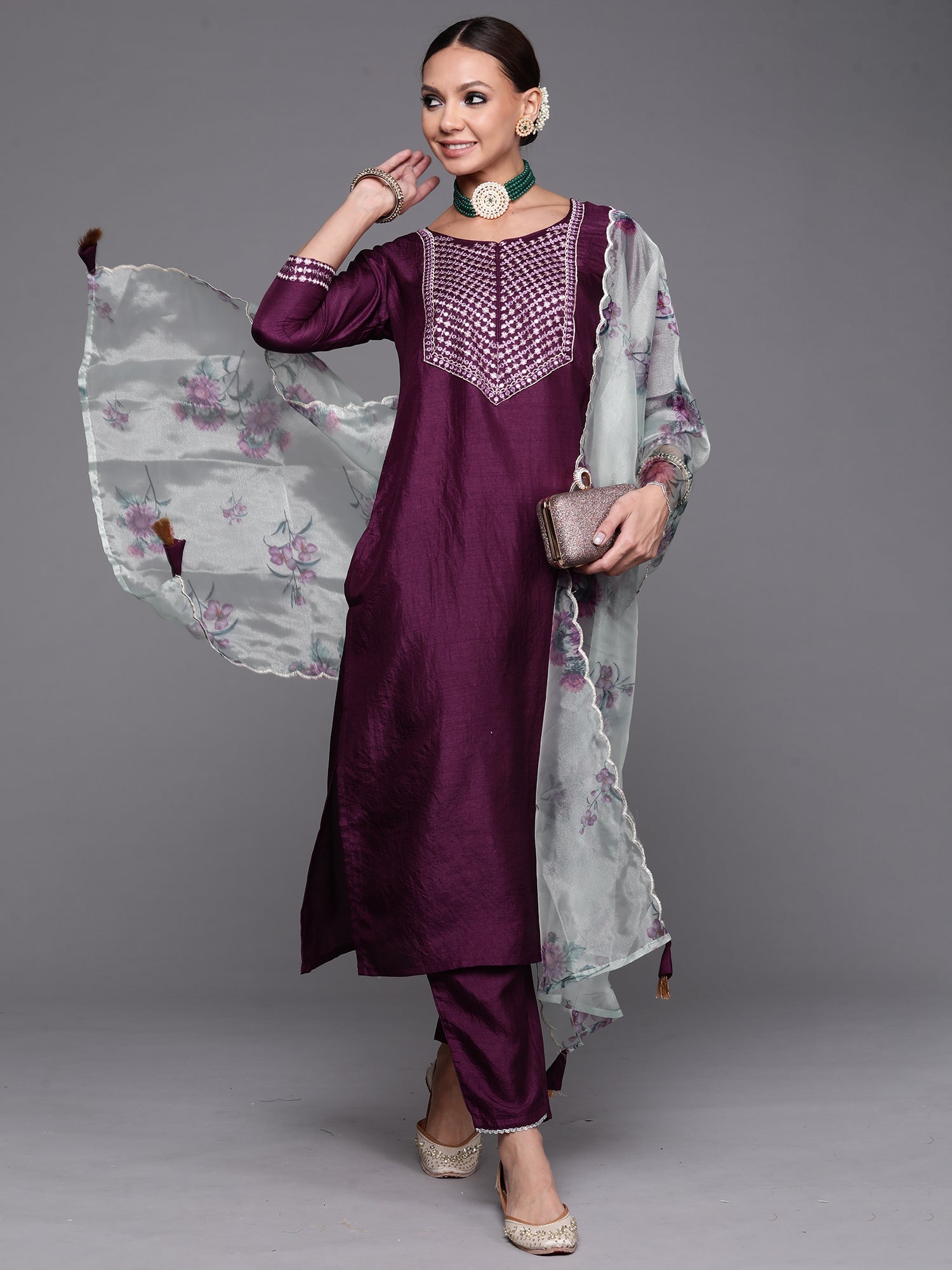 Women's Purple Polyester Kurta Set - Taantav