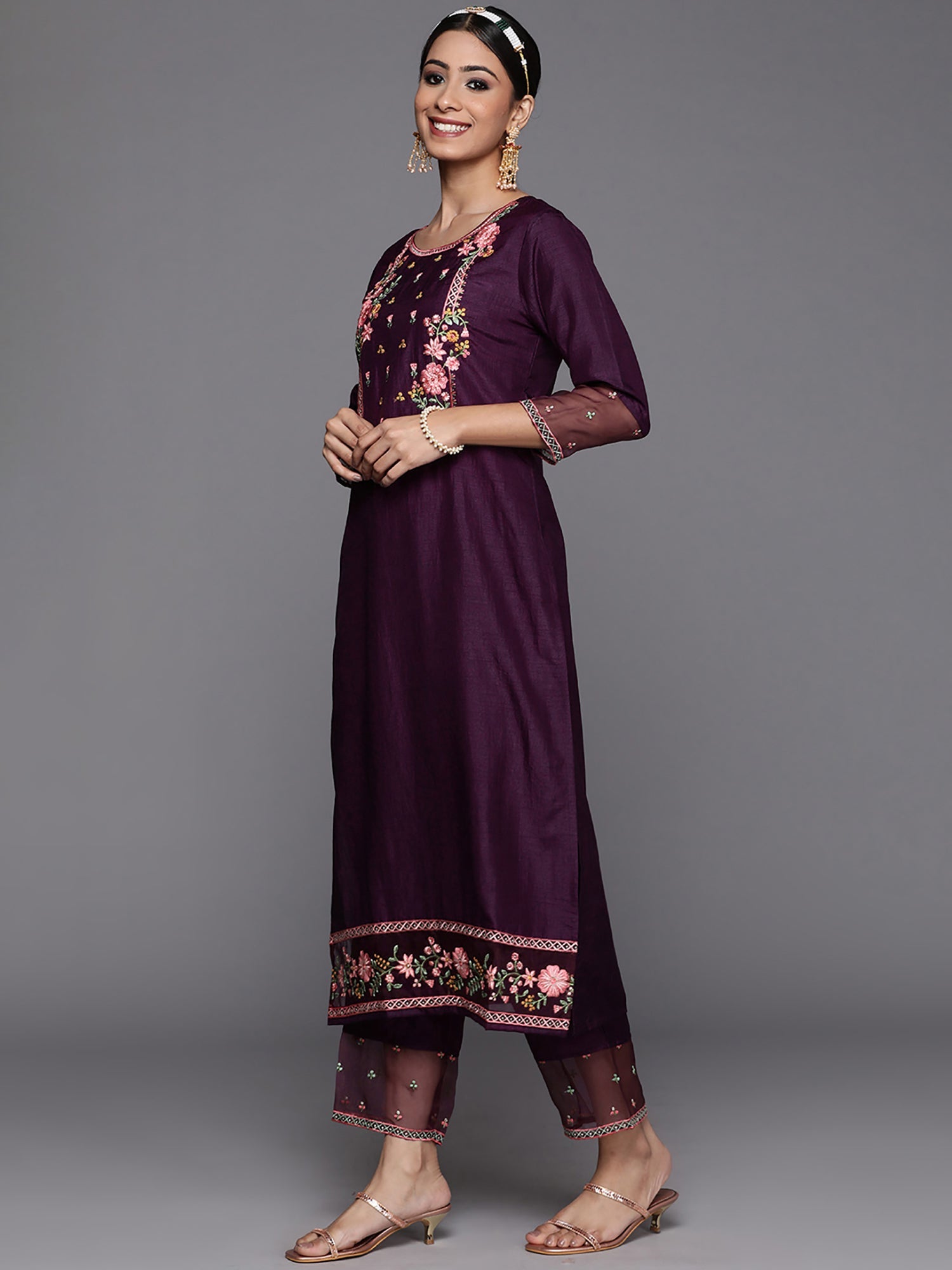 Women's Burgundy Polyester Kurta Set - Taantav