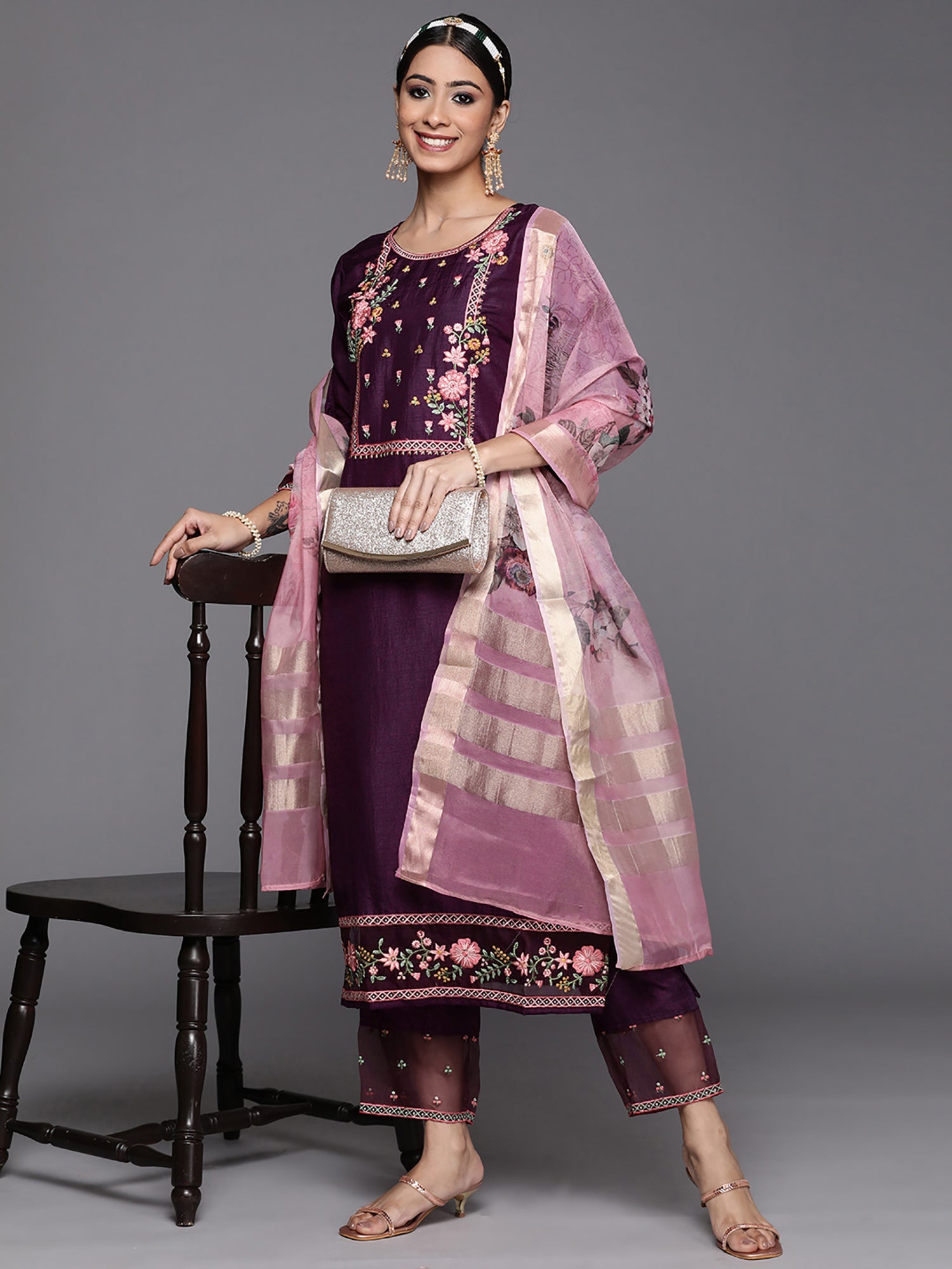 Women's Burgundy Polyester Kurta Set - Taantav